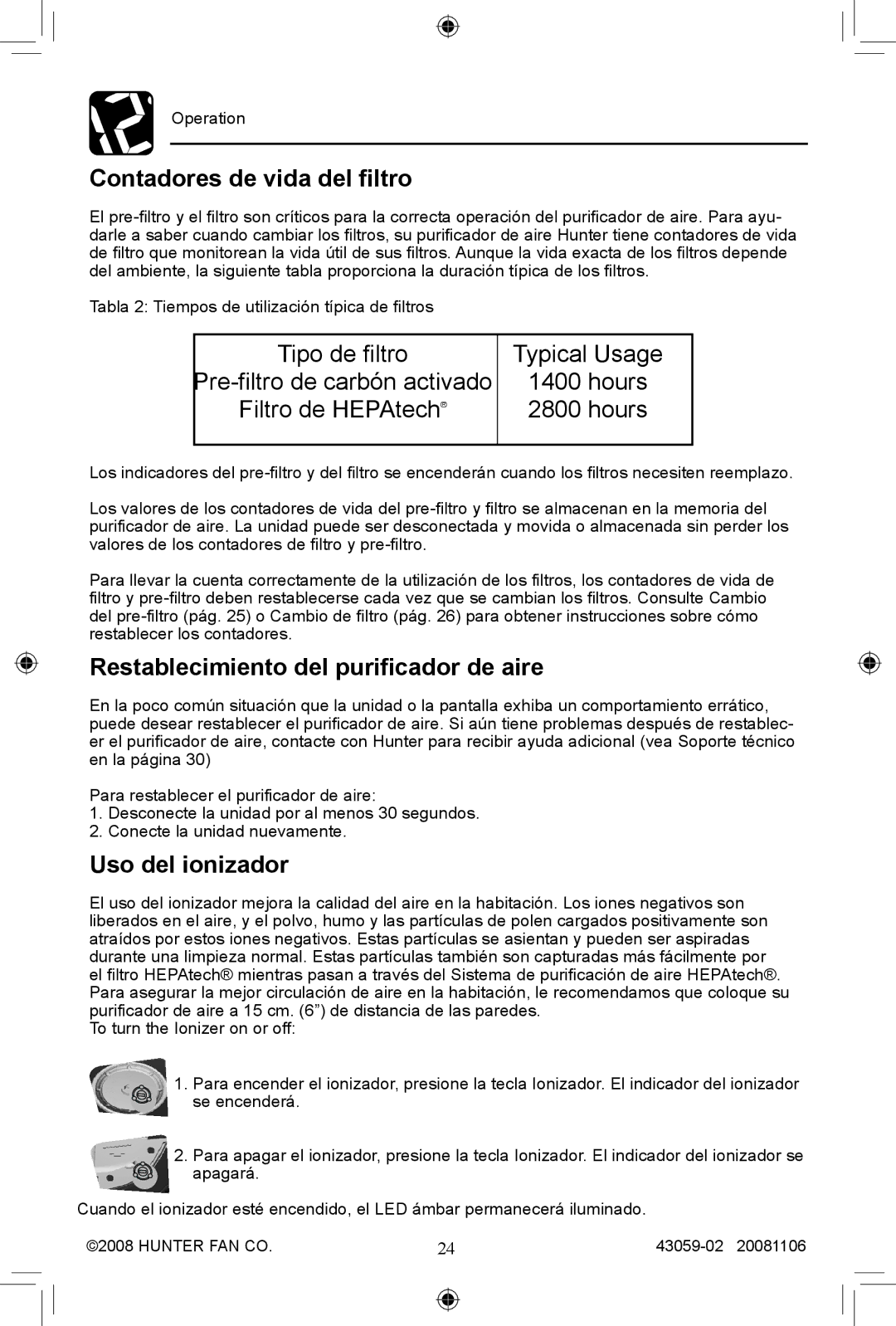 Hunter Fan 30770, 30771 manual Contadores de vida del filtro, Restablecimiento del purificador de aire, Uso del ionizador 