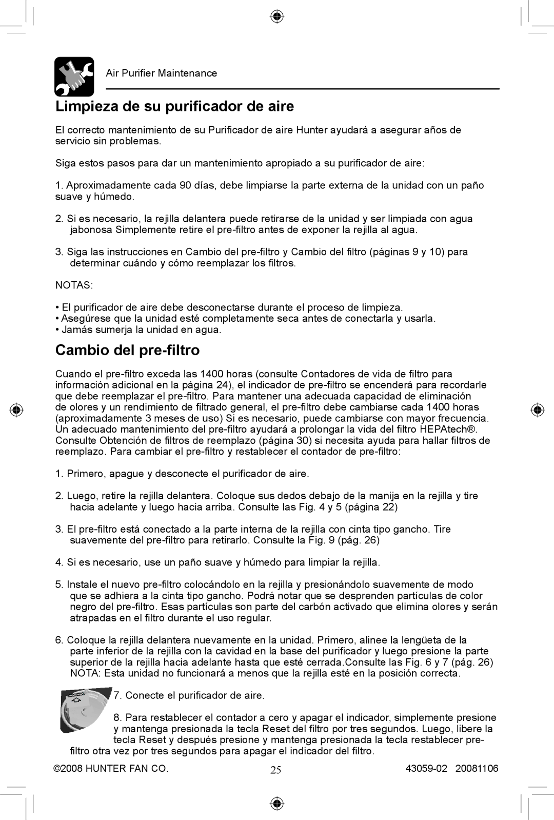 Hunter Fan 30771, 30770 manual Limpieza de su purificador de aire, Cambio del pre-filtro, Notas 