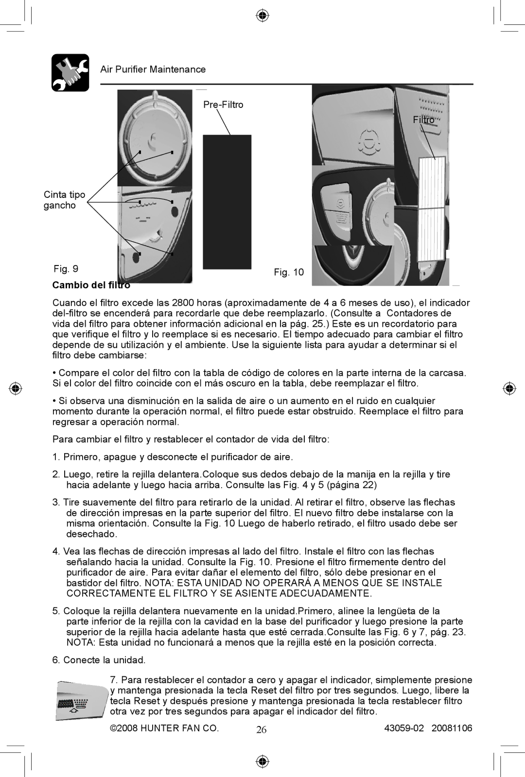 Hunter Fan 30770, 30771 manual Cambio del filtro, Correctamente EL Filtro Y SE Asiente Adecuadamente 