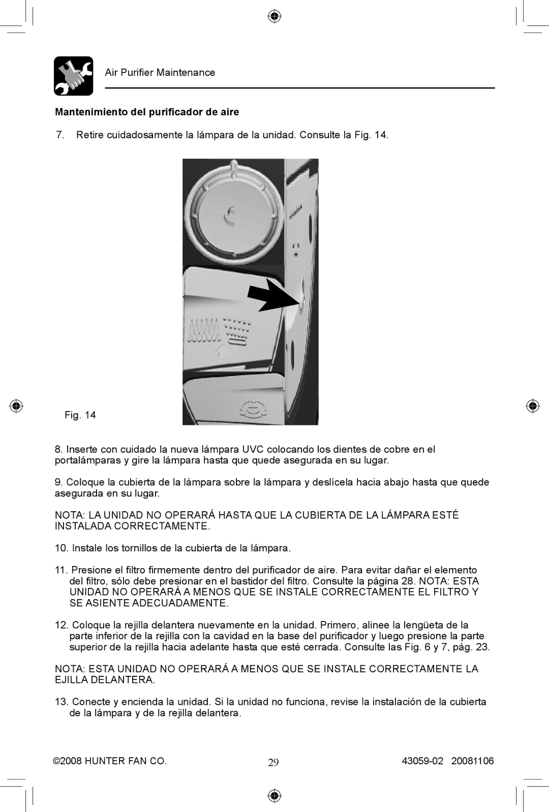 Hunter Fan 30771, 30770 manual Mantenimiento del purificador de aire 