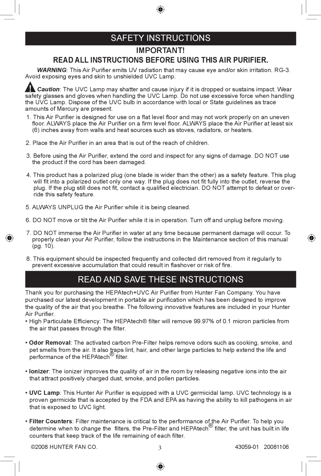 Hunter Fan 30771, 30770 manual Safety Instructions 