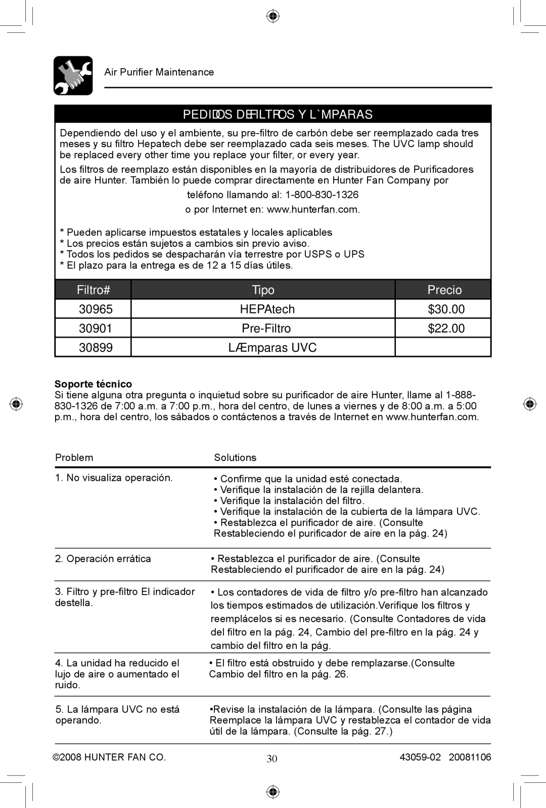 Hunter Fan 30770, 30771 manual Pedidos de filtros y lámparas, Soporte técnico 