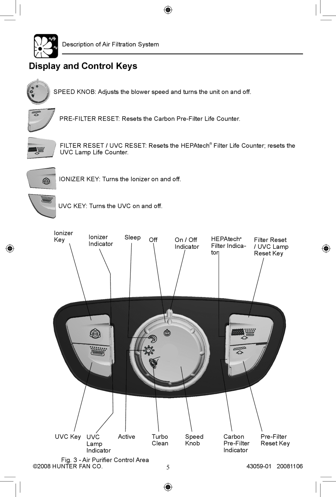 Hunter Fan 30771, 30770 manual Display and Control Keys, Air Purifier Control Area 