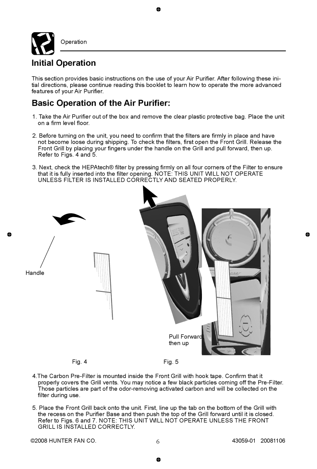 Hunter Fan 30770, 30771 manual Initial Operation, Basic Operation of the Air Purifier 