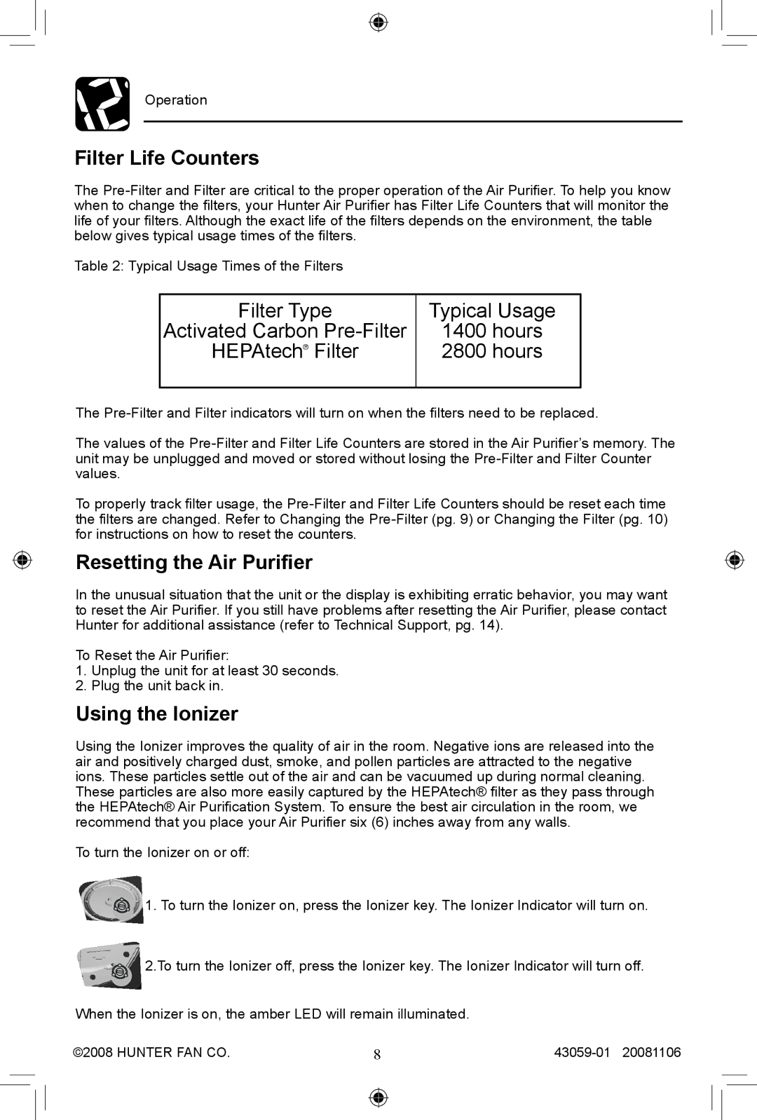 Hunter Fan 30770, 30771 manual Filter Life Counters, Resetting the Air Purifier, Using the Ionizer 