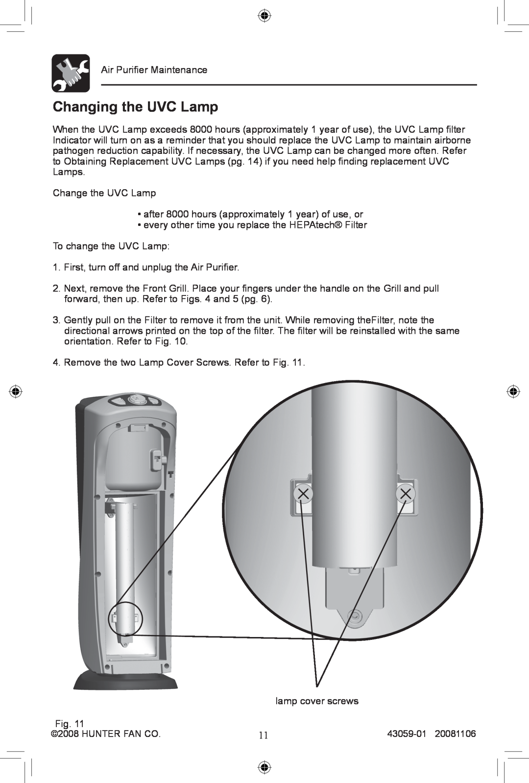 Hunter Fan 30771, 30770 manual Changing the UVC Lamp 
