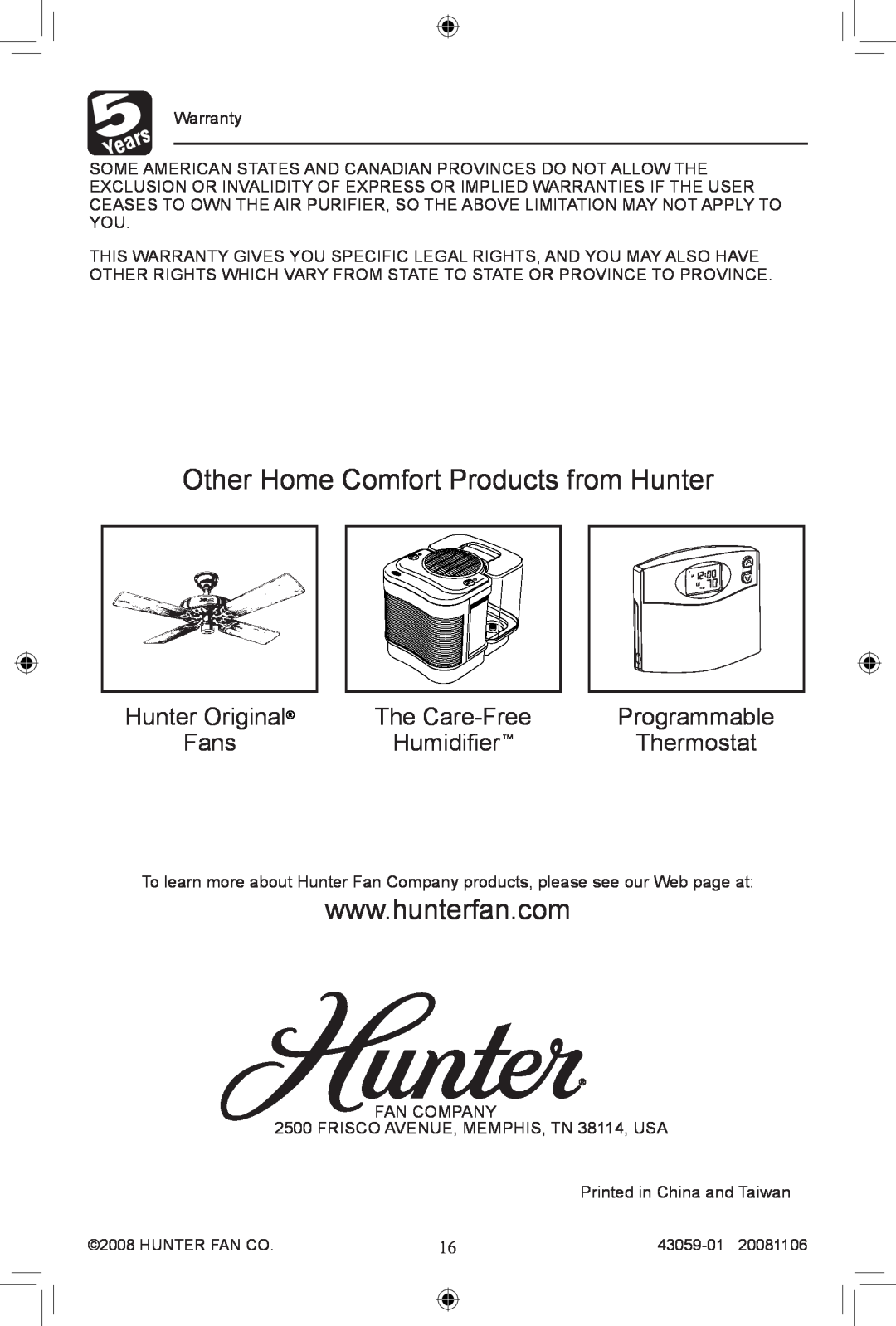 Hunter Fan 30770, 30771 manual Hunter Original, The Care-Free, Programmable, Fans, Humidifier, Thermostat 