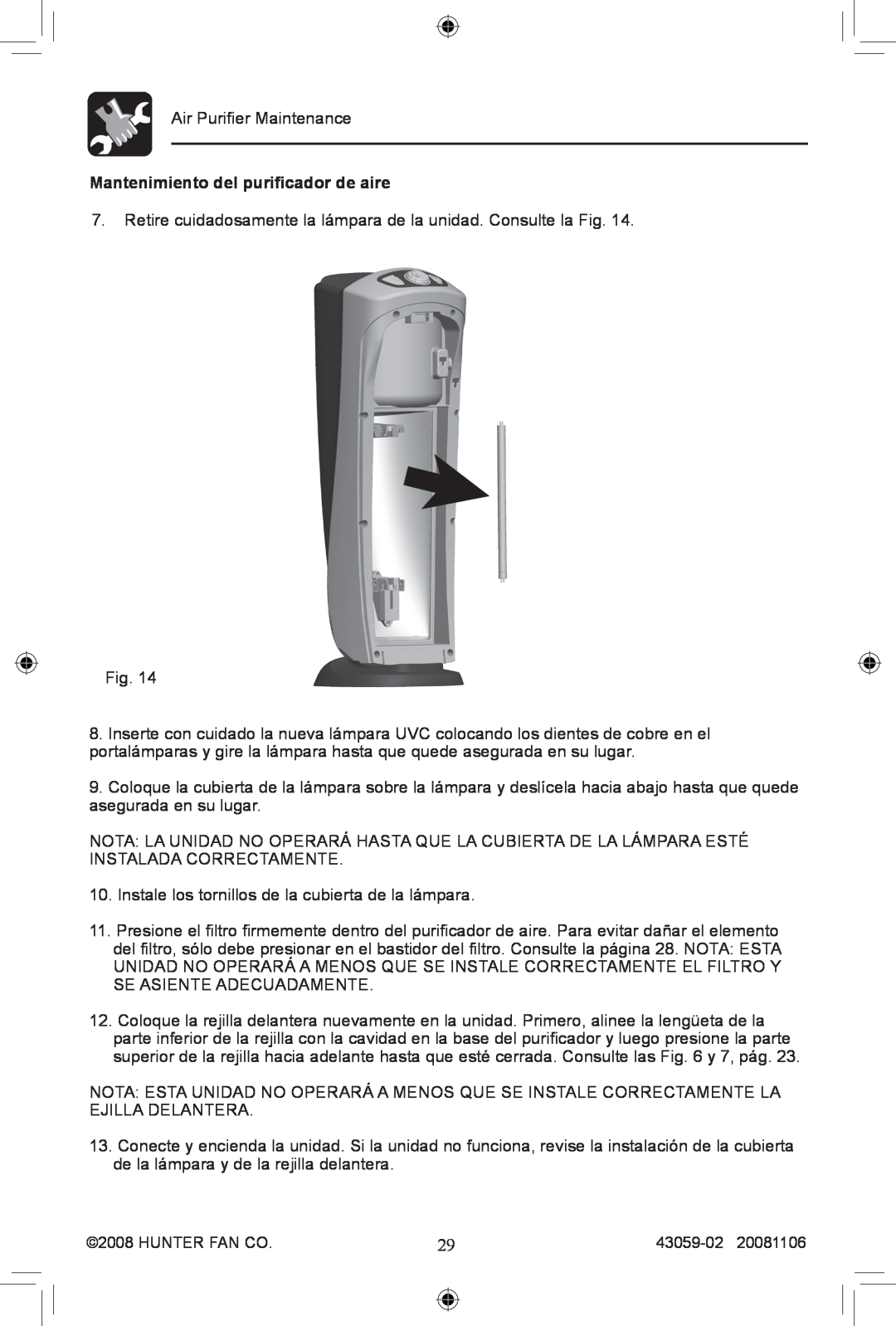 Hunter Fan 30771, 30770 manual Mantenimiento del purificador de aire 