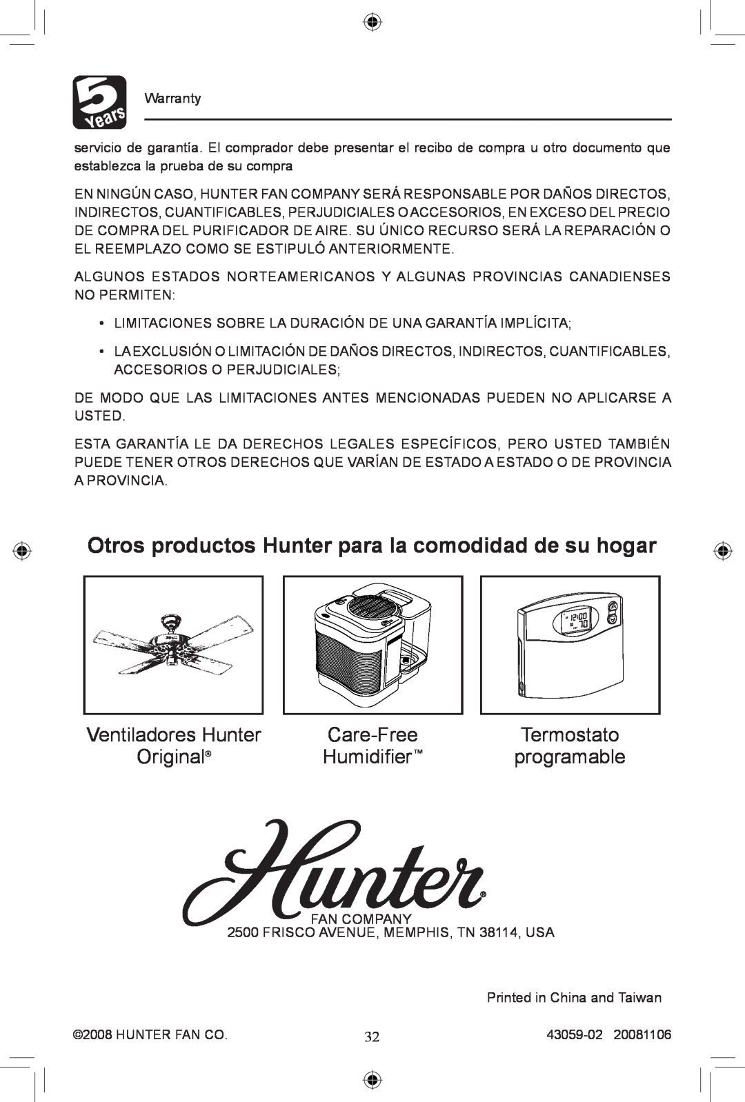 Hunter Fan 30770, 30771 manual Ventiladores Hunter, Care-Free, Termostato, Original, programable, Humidifier 