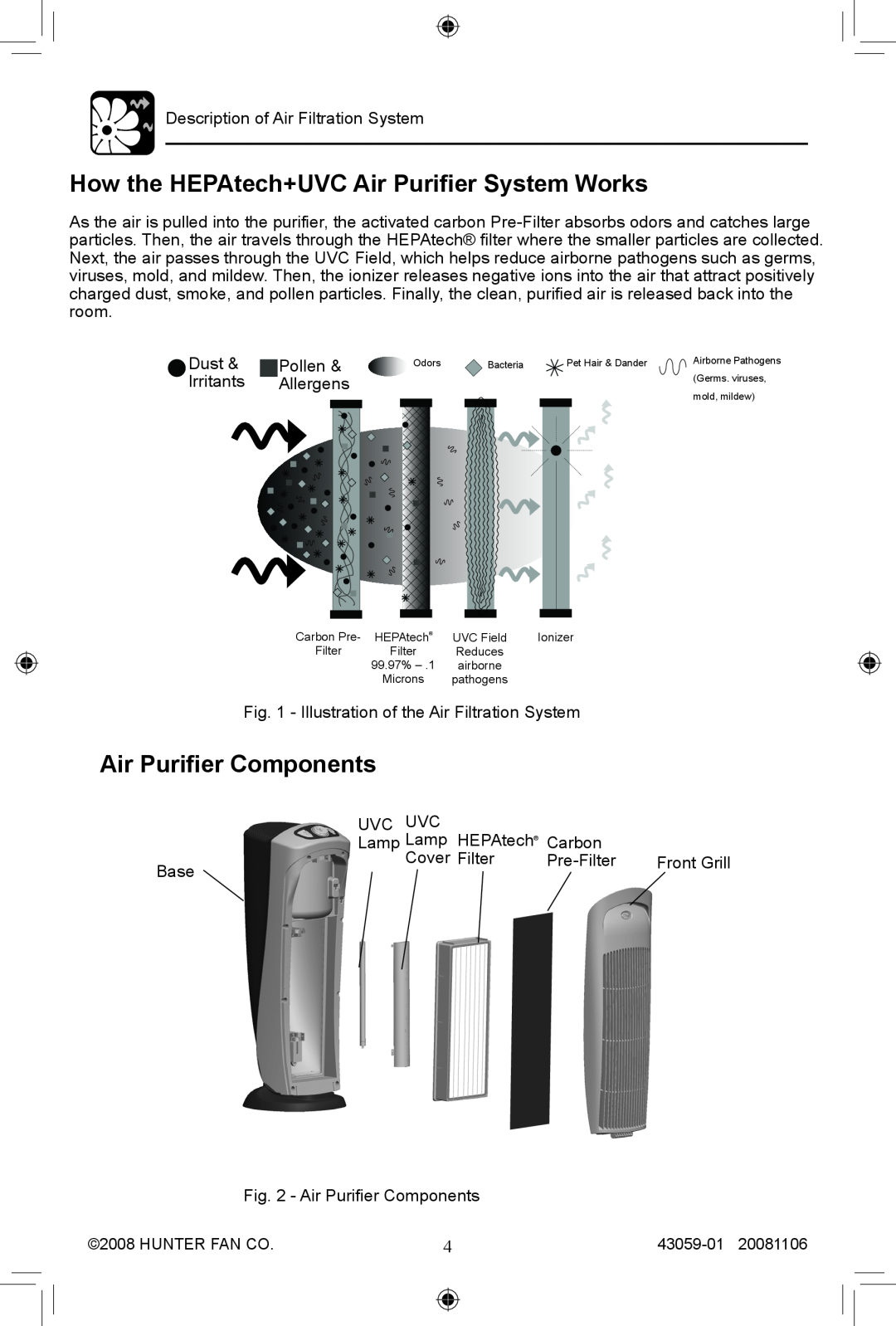 Hunter Fan 30770, 30771 manual How the HEPAtech+UVC Air Purifier System Works, Air Purifier Components 