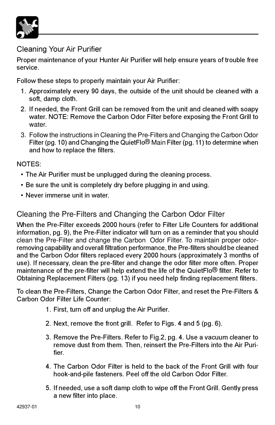 Hunter Fan 30785 manual Cleaning Your Air Purifier, Cleaning the Pre-Filters and Changing the Carbon Odor Filter 