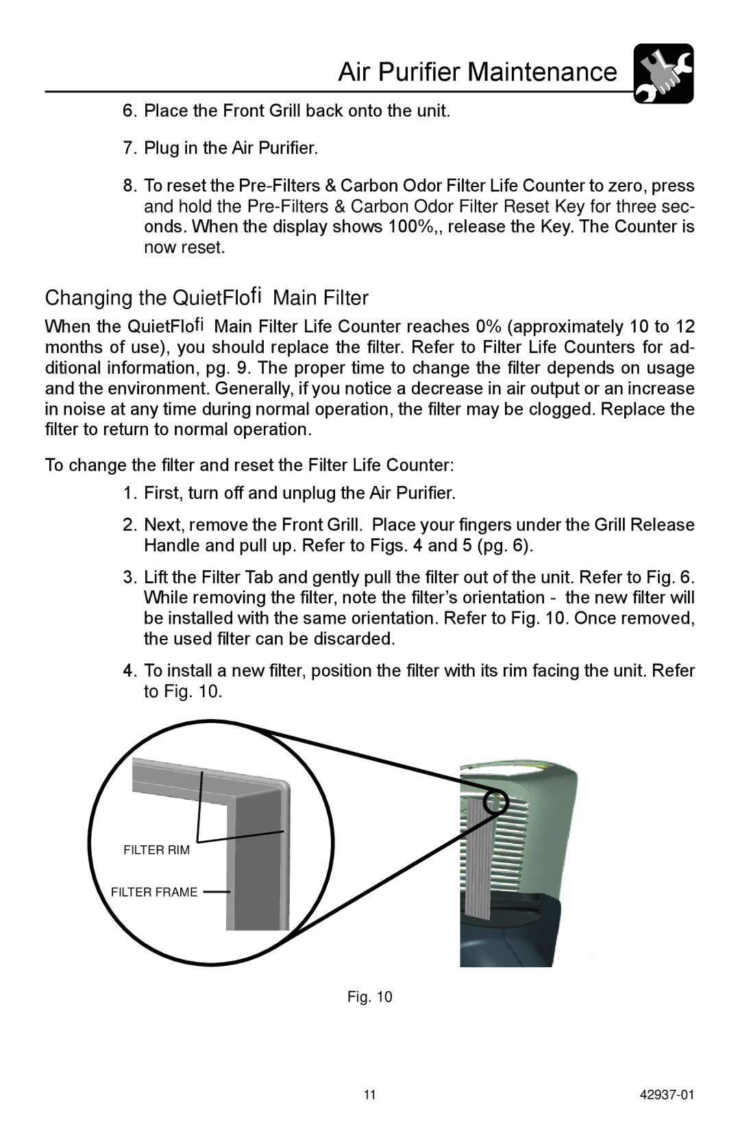 Hunter Fan 30785 manual Air Purifier Maintenance, Changing the QuietFlo Main Filter 