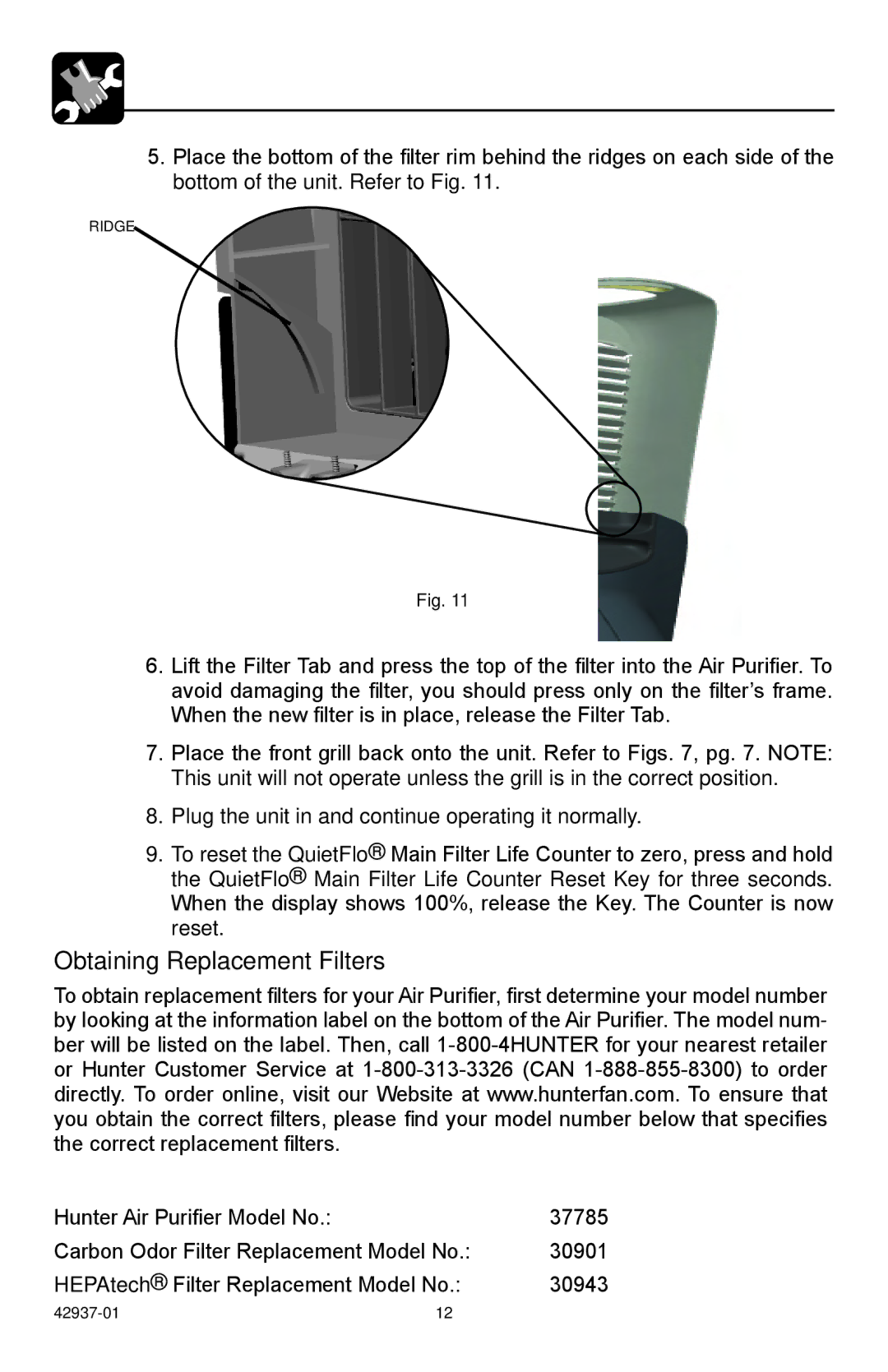 Hunter Fan 30785 manual Obtaining Replacement Filters 