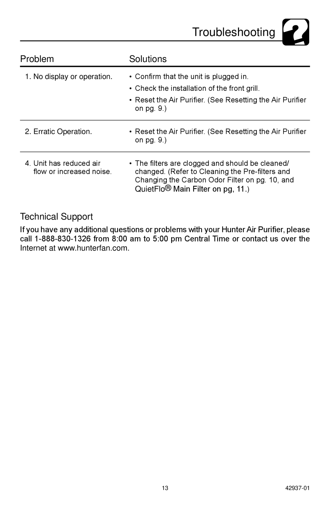 Hunter Fan 30785 manual Troubleshooting, ProblemSolutions, Technical Support 