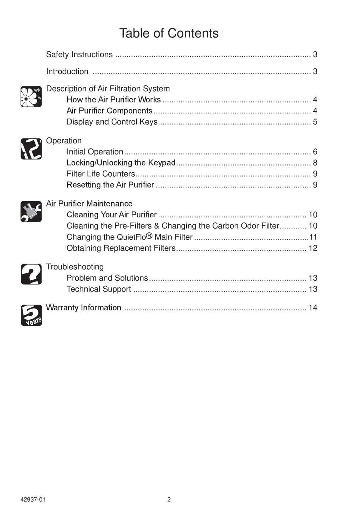 Hunter Fan 30785 manual Table of Contents 