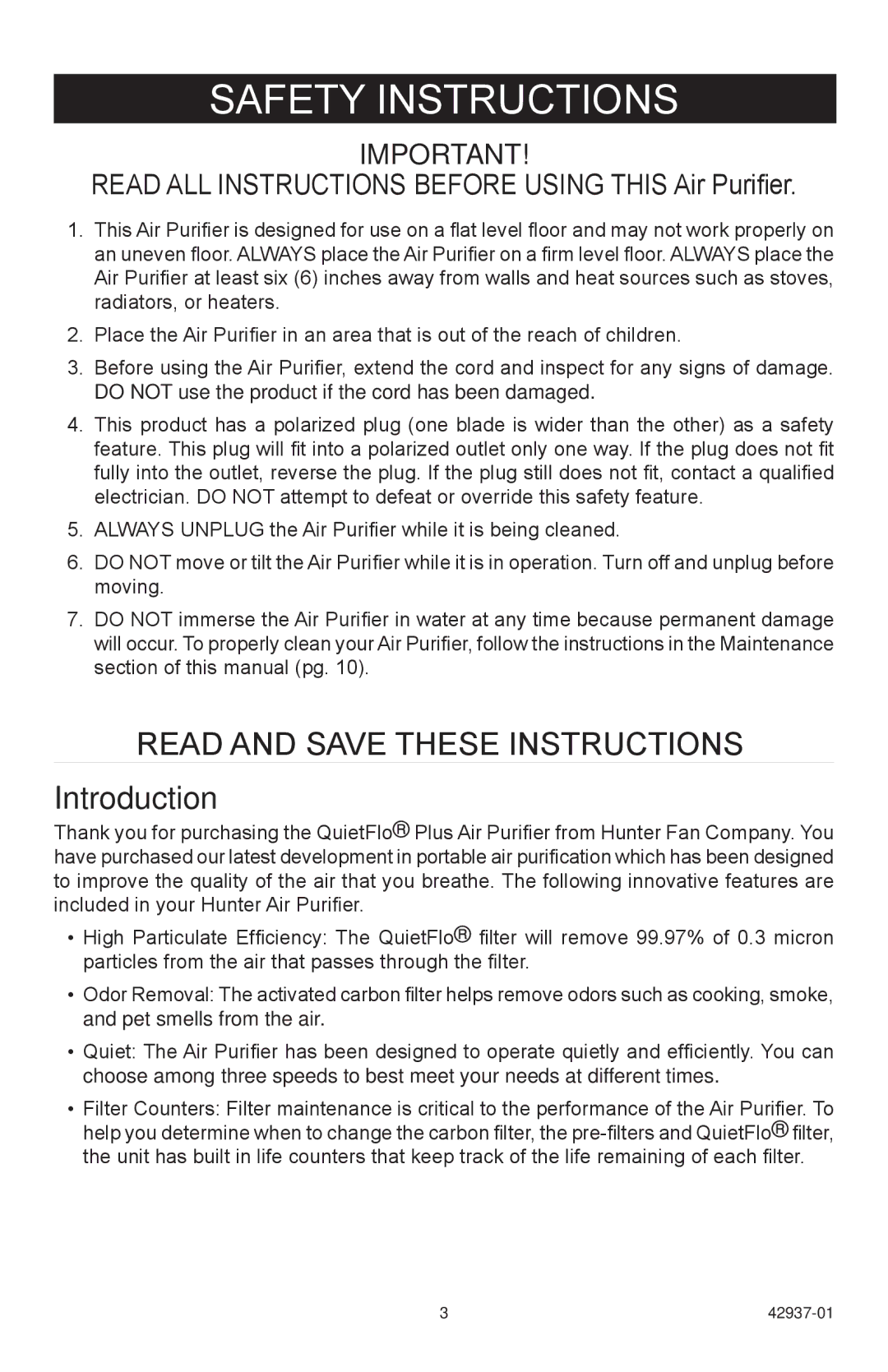 Hunter Fan 30785 manual Safety Instructions, Introduction 