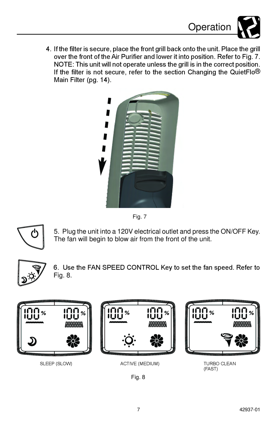 Hunter Fan 30785 manual Sleep slow Active medium Turbo Clean Fast 42937-01 