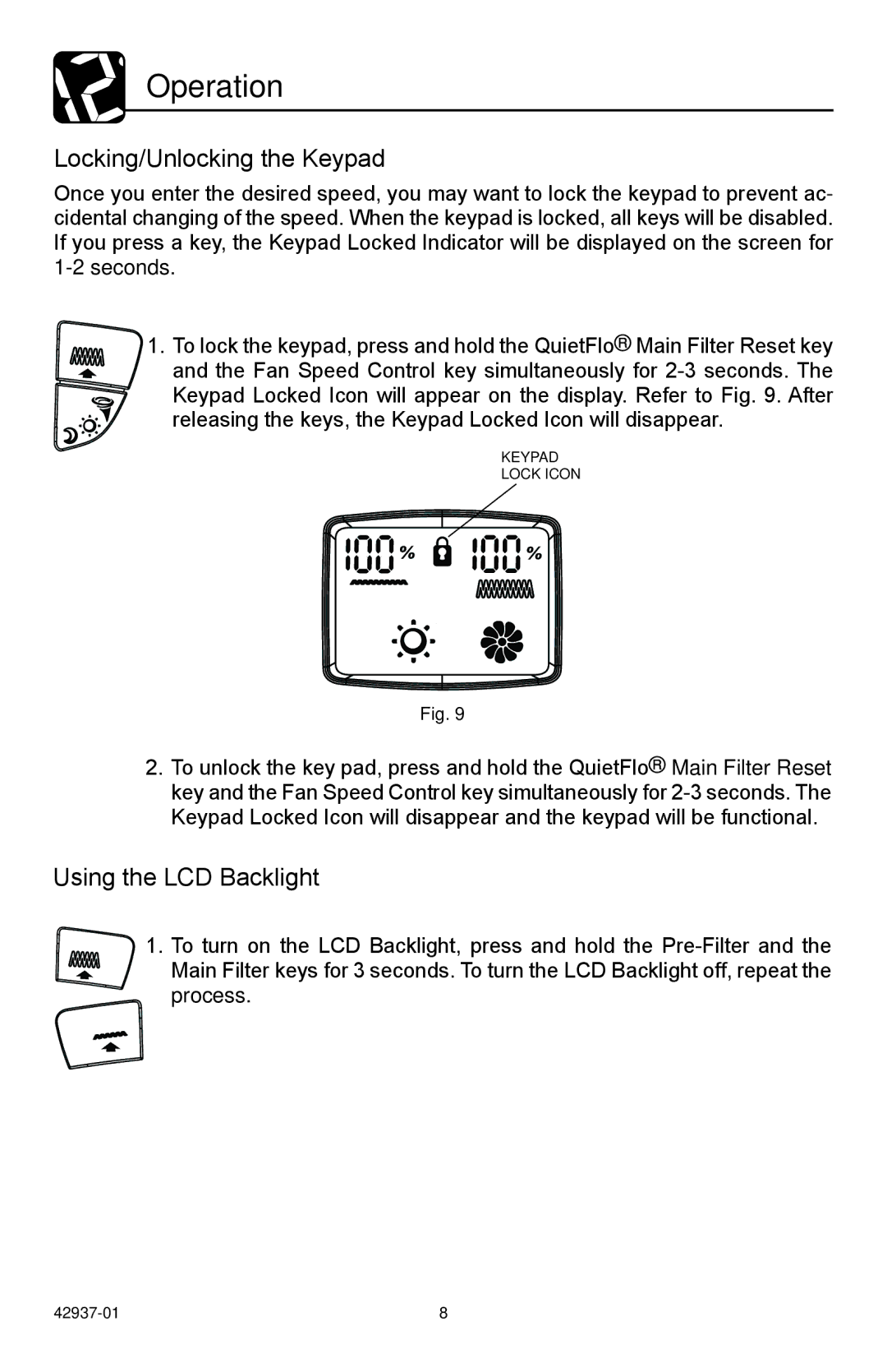 Hunter Fan 30785 manual Locking/Unlocking the Keypad, Using the LCD Backlight 
