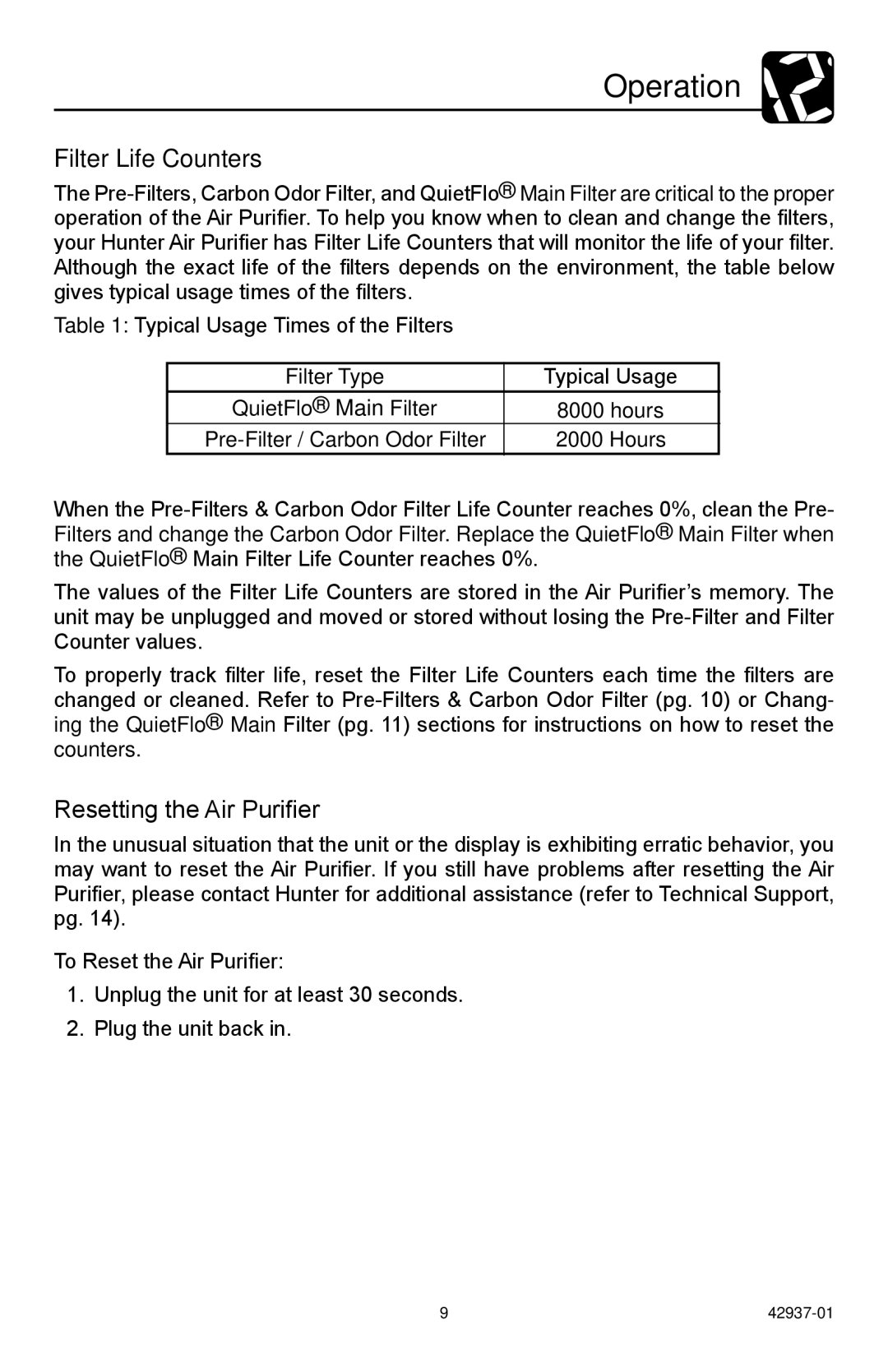 Hunter Fan 30785 manual Filter Life Counters, Resetting the Air Purifier 