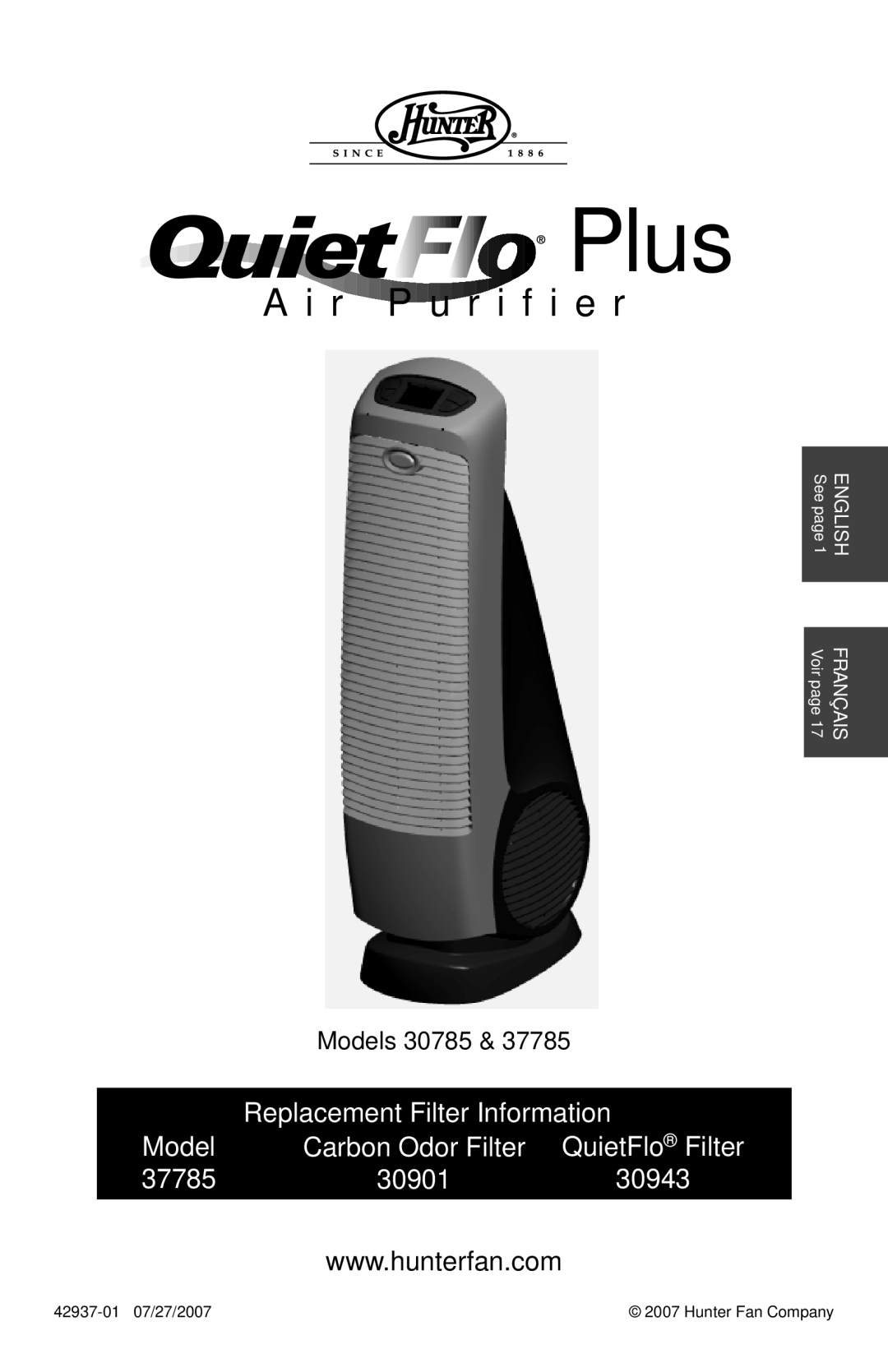 Hunter Fan 30785 manual Plus, A i r P u r i f i e r, Replacement Filter Information, Model, Carbon Odor Filter, 37785 