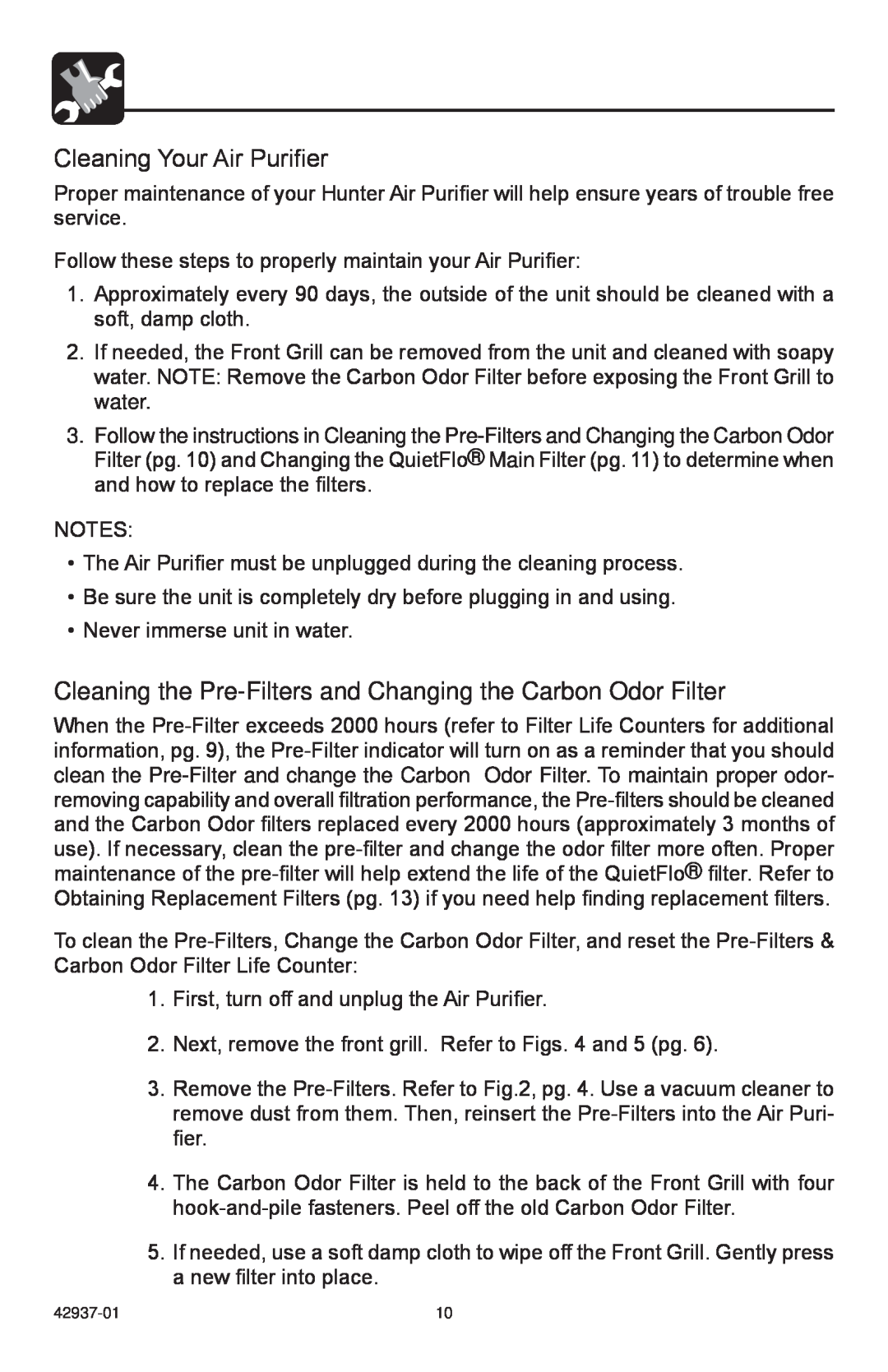 Hunter Fan 30785 manual Cleaning Your Air Purifier 