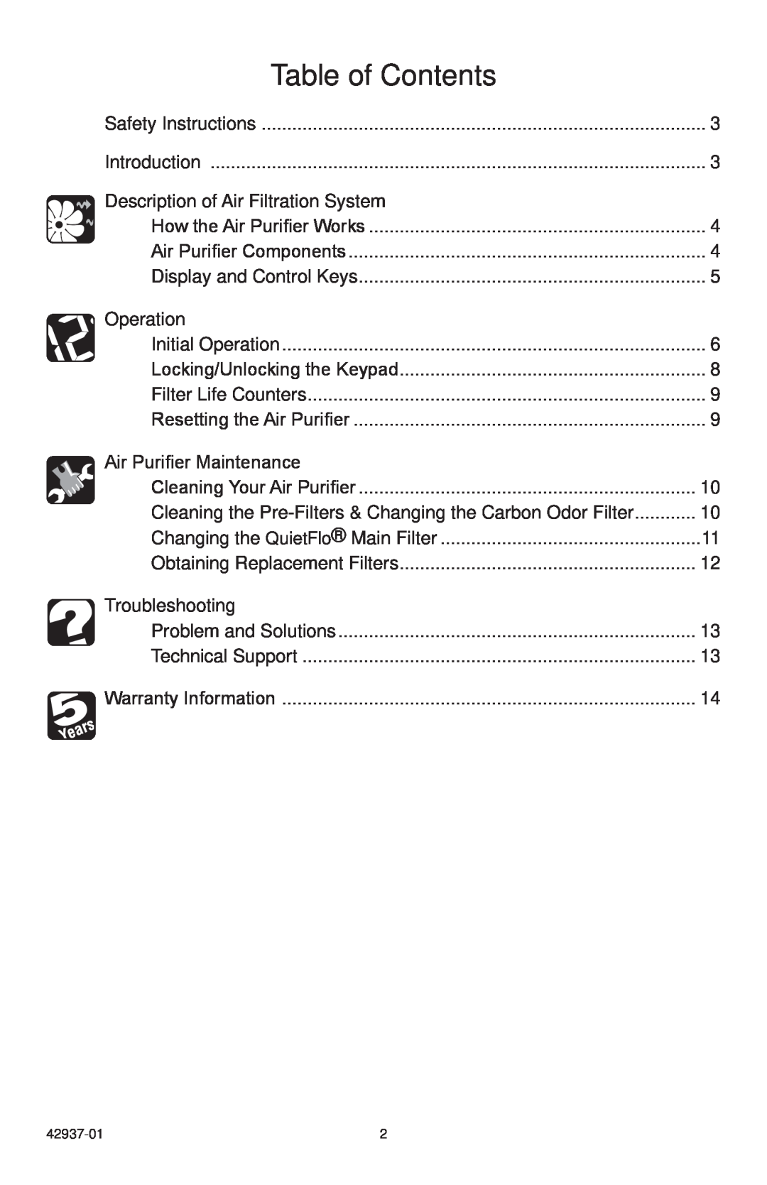 Hunter Fan 30785 manual Table of Contents 