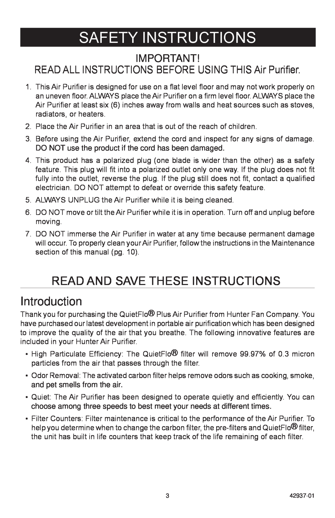 Hunter Fan 30785 manual READ AND SAVE THESE INSTRUCTIONS Introduction, Safety Instructions 