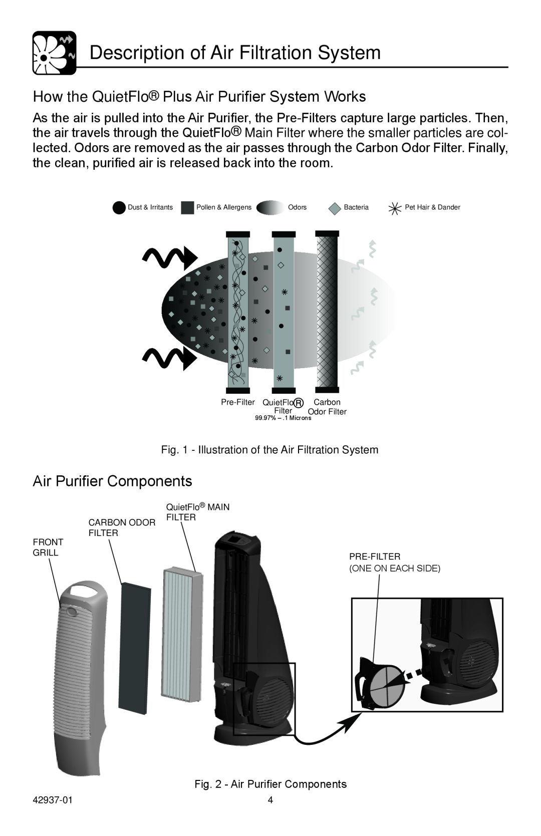 Hunter Fan 30785 manual Description of Air Filtration System, How the QuietFlo Plus Air Purifier System Works 
