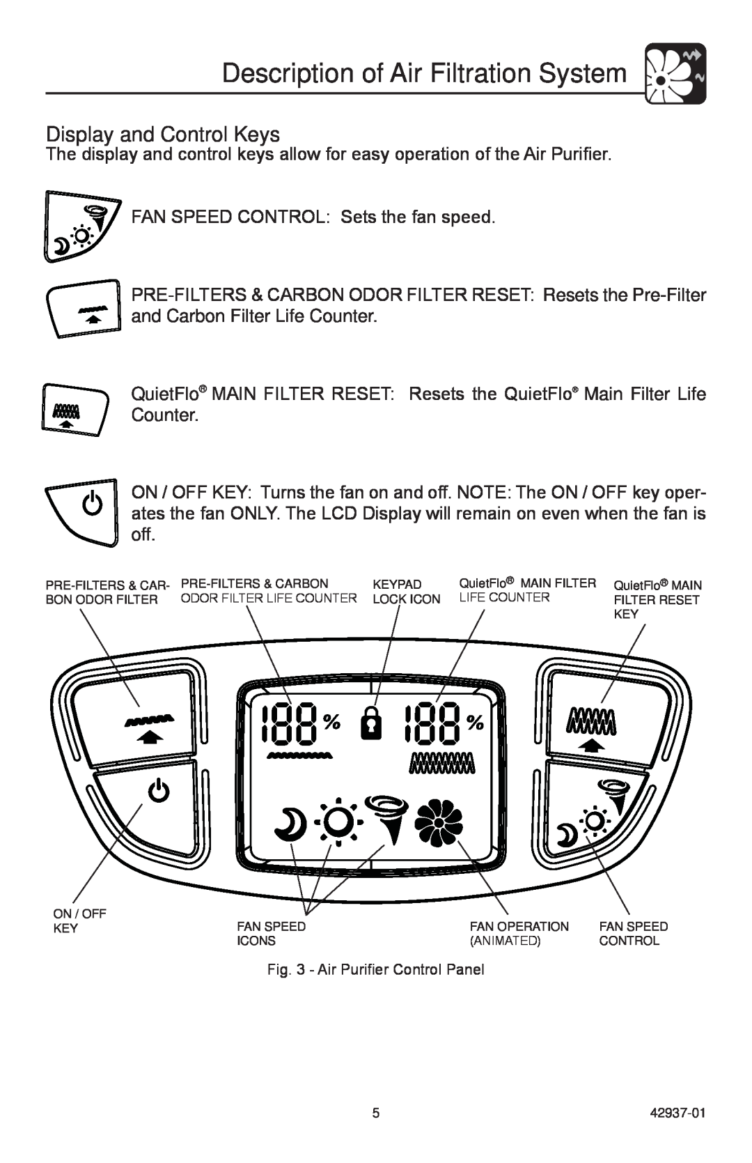 Hunter Fan 30785 manual Display and Control Keys, Description of Air Filtration System 