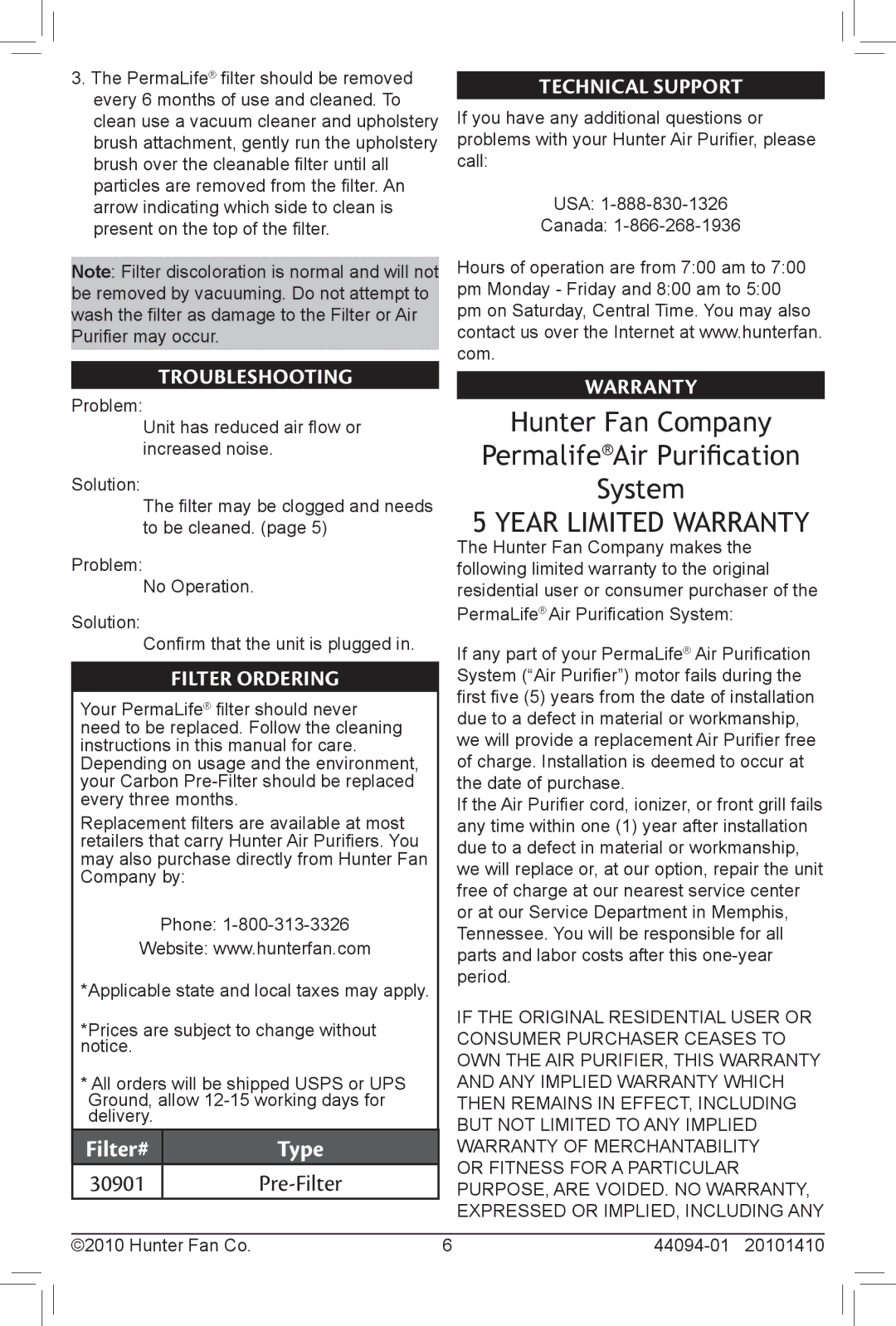 Hunter Fan 30793 owner manual Filter# Type 30901, Troubleshooting, Filter Ordering, Technical Support, Warranty 