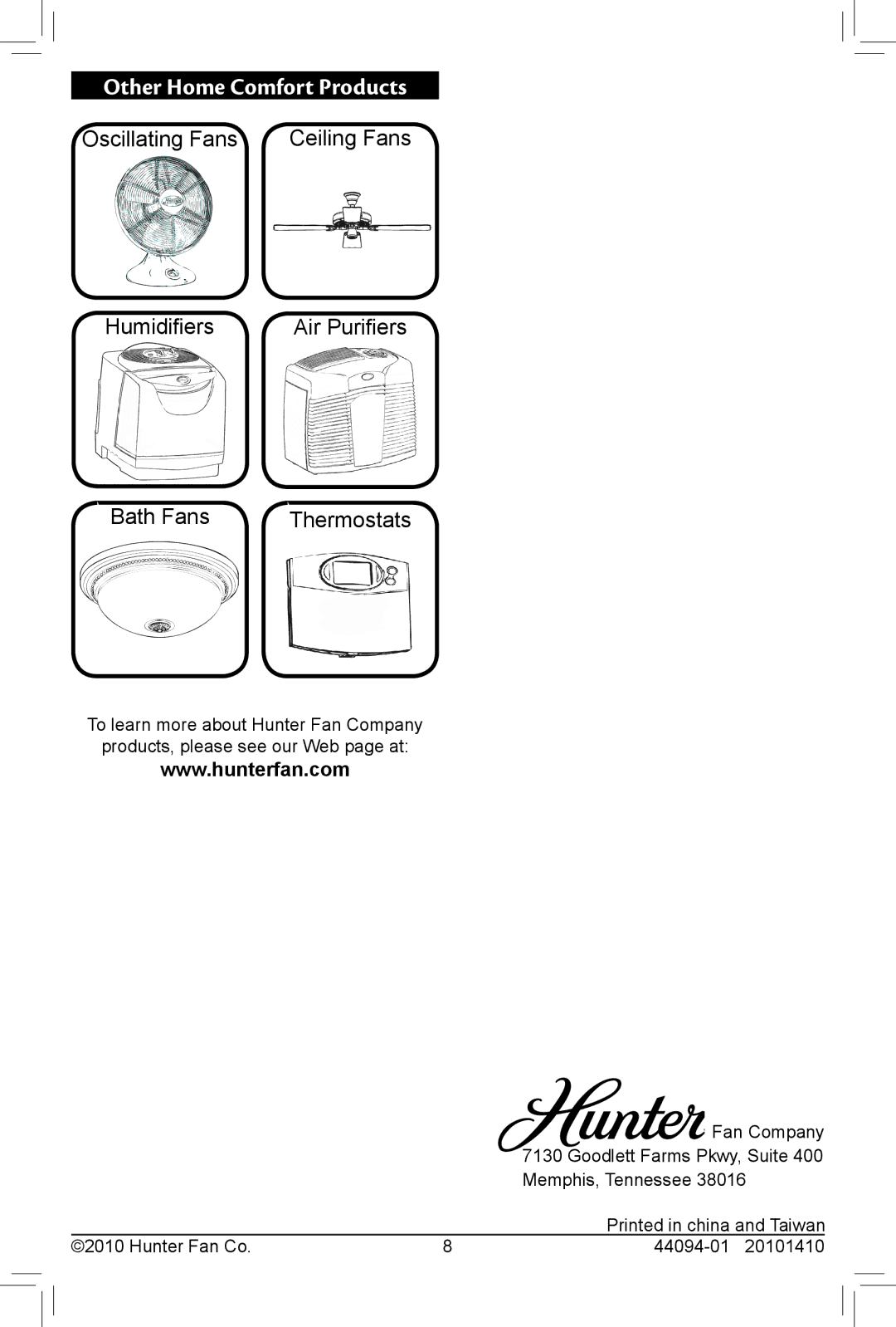 Hunter Fan 30793 owner manual Other Home Comfort Products, Thermostats 