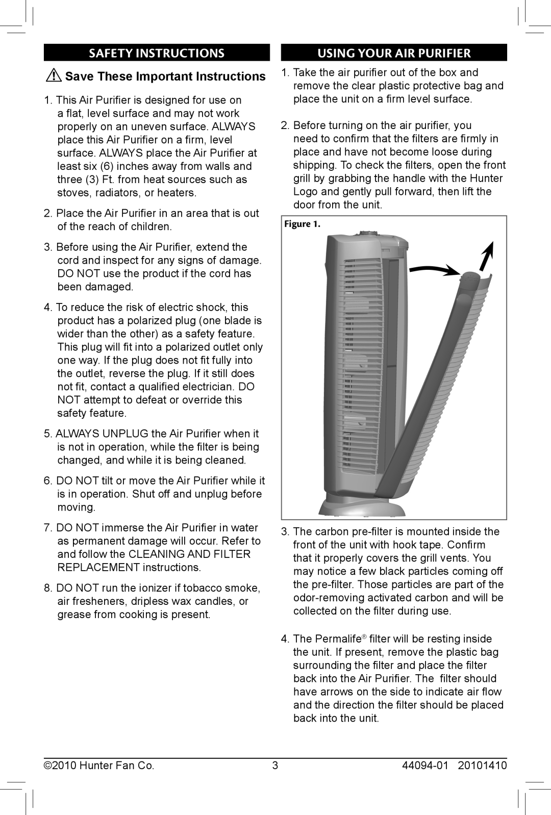 Hunter Fan 30793 owner manual Safety Instructions, Using Your Air Purifier, Save These Important Instructions 