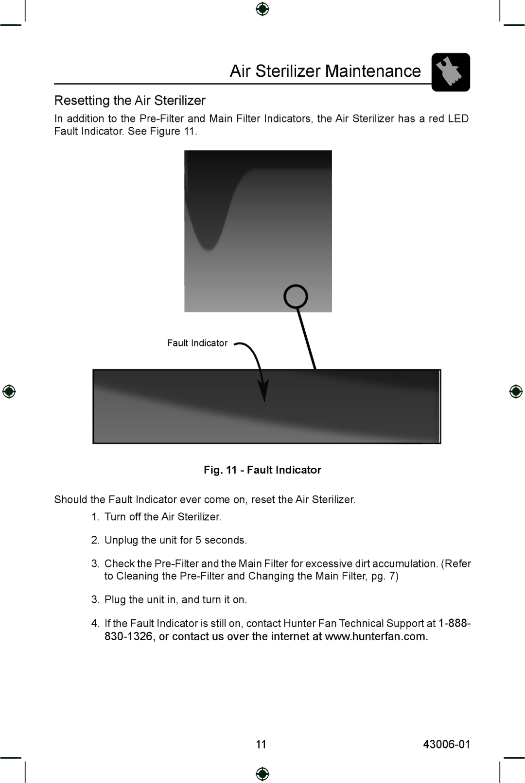 Hunter Fan 30987 manual Resetting the Air Sterilizer, Fault Indicator 