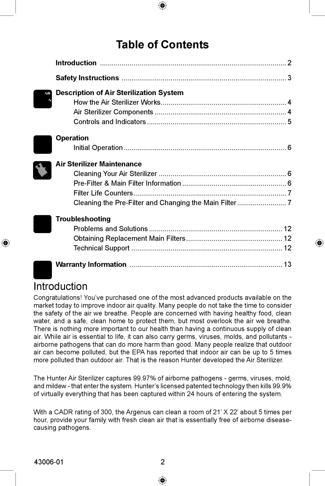 Hunter Fan 30987 manual Table of Contents 