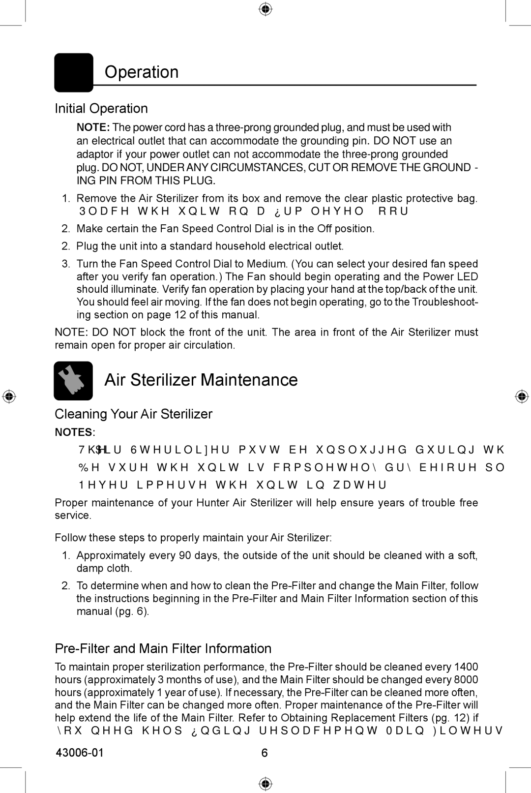 Hunter Fan 30987 manual Air Sterilizer Maintenance, Initial Operation, Cleaning Your Air Sterilizer 