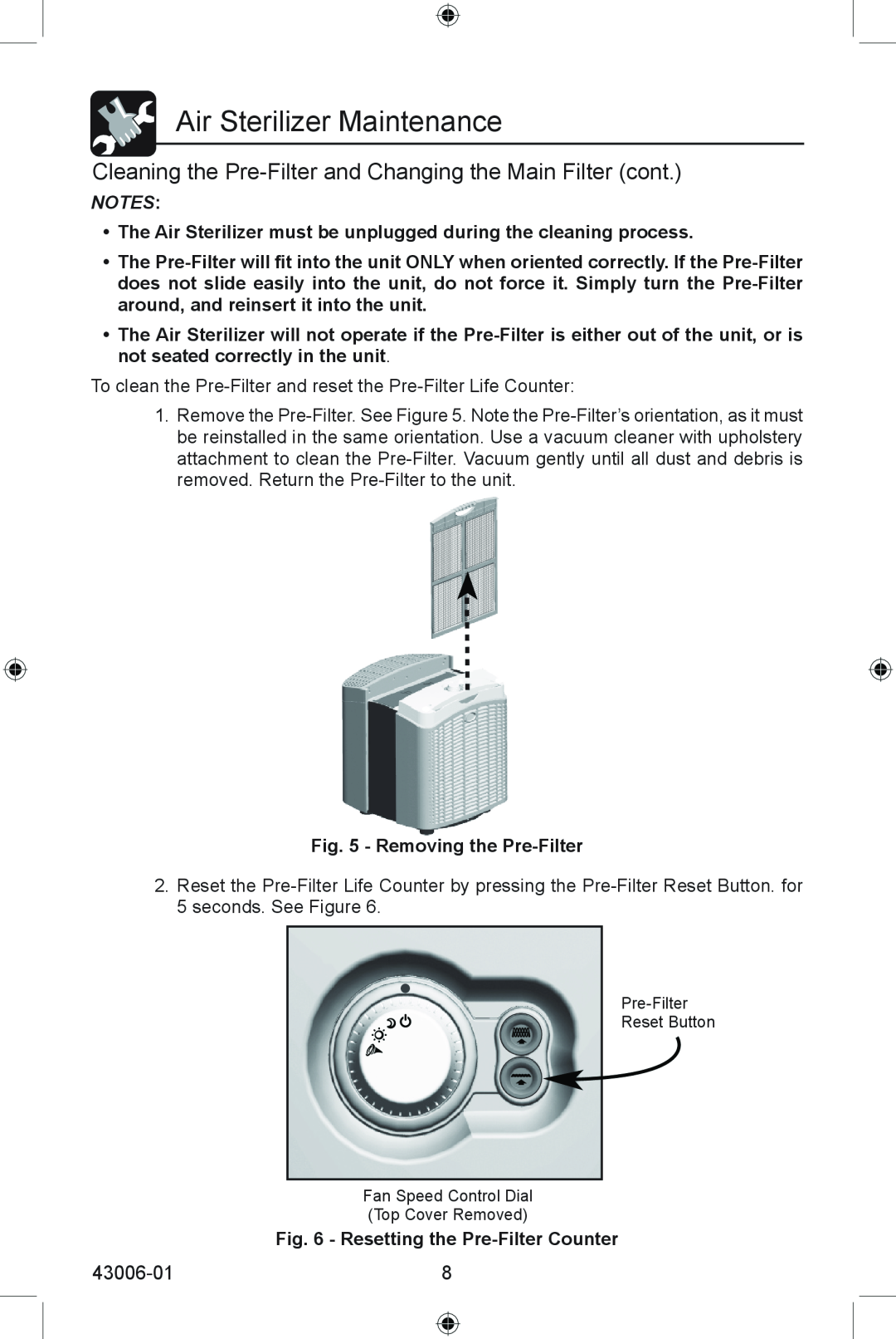 Hunter Fan 30987 manual Air Sterilizer Maintenance, 43006-01, Removing the Pre-Filter, Resetting the Pre-FilterCounter 