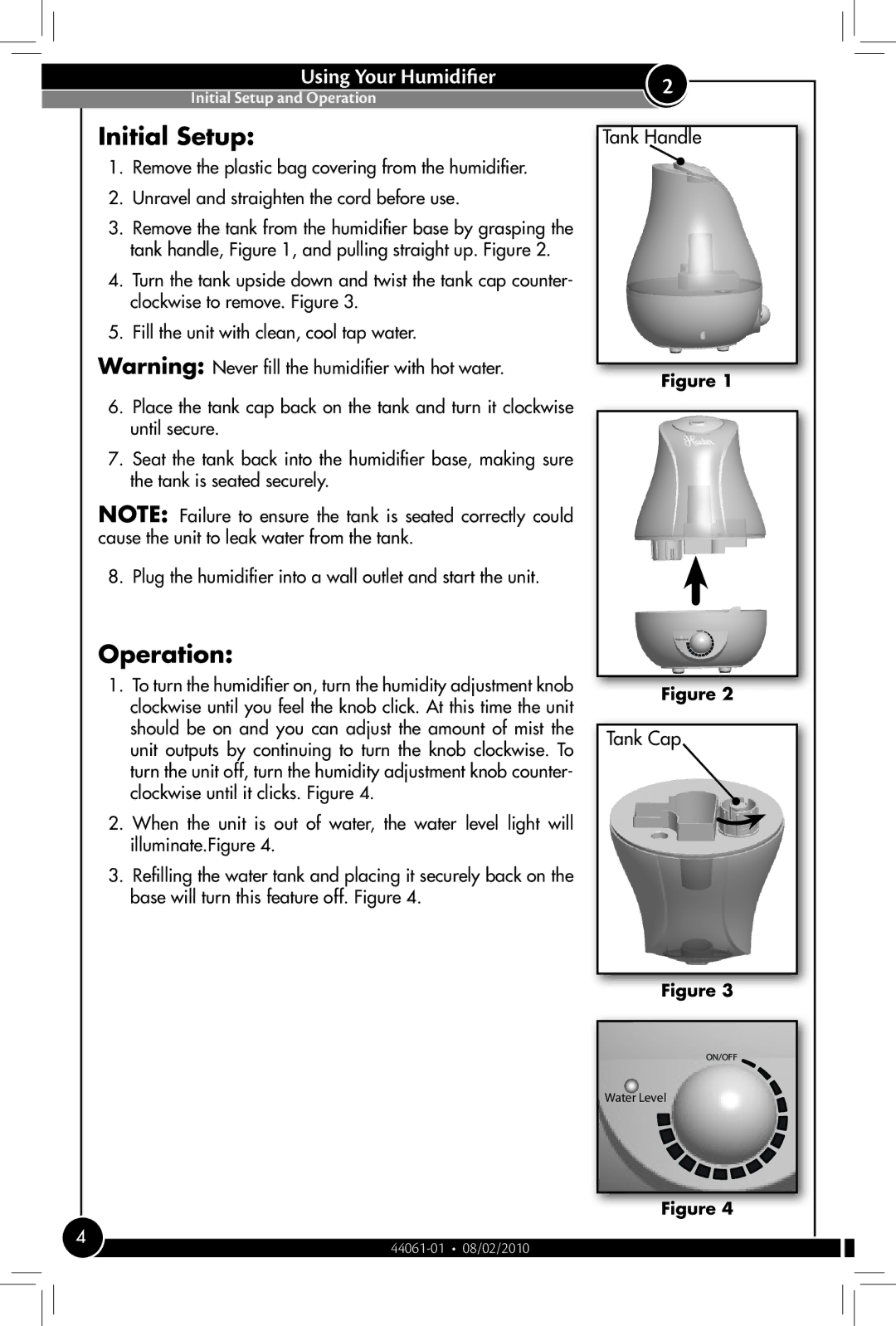 Hunter Fan 31004 owner manual Initial Setup, Operation, Using Your Humidifier 