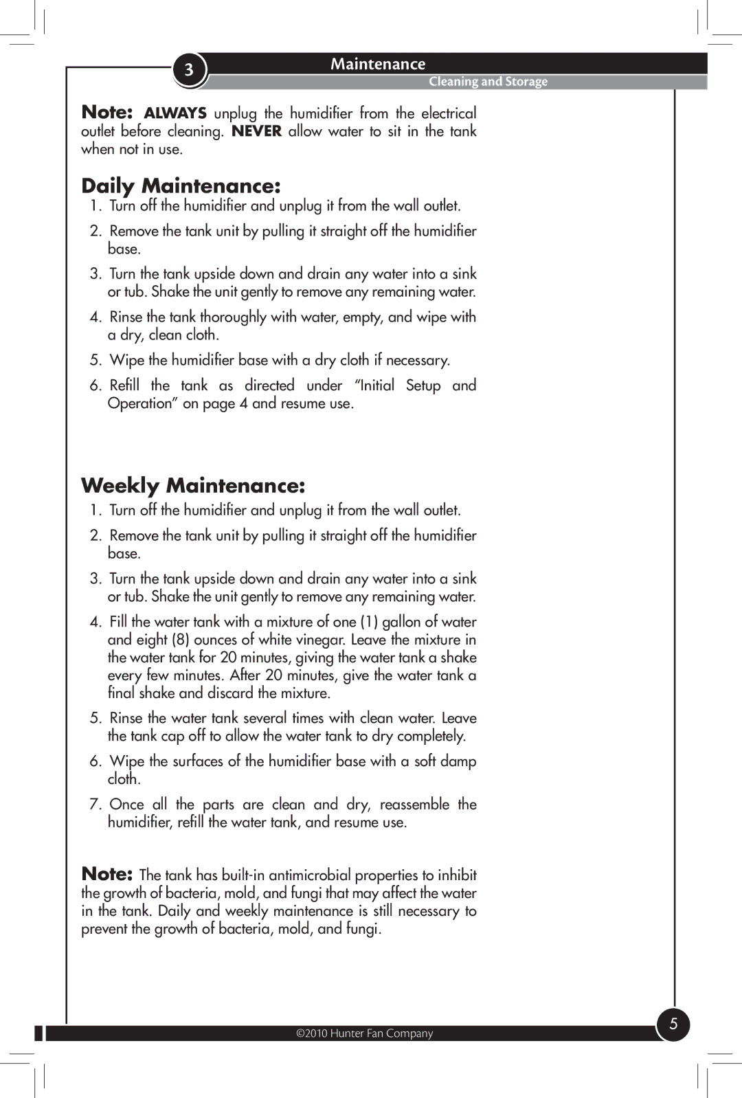 Hunter Fan 31004 owner manual Daily Maintenance, Weekly Maintenance, 3Maintenance 