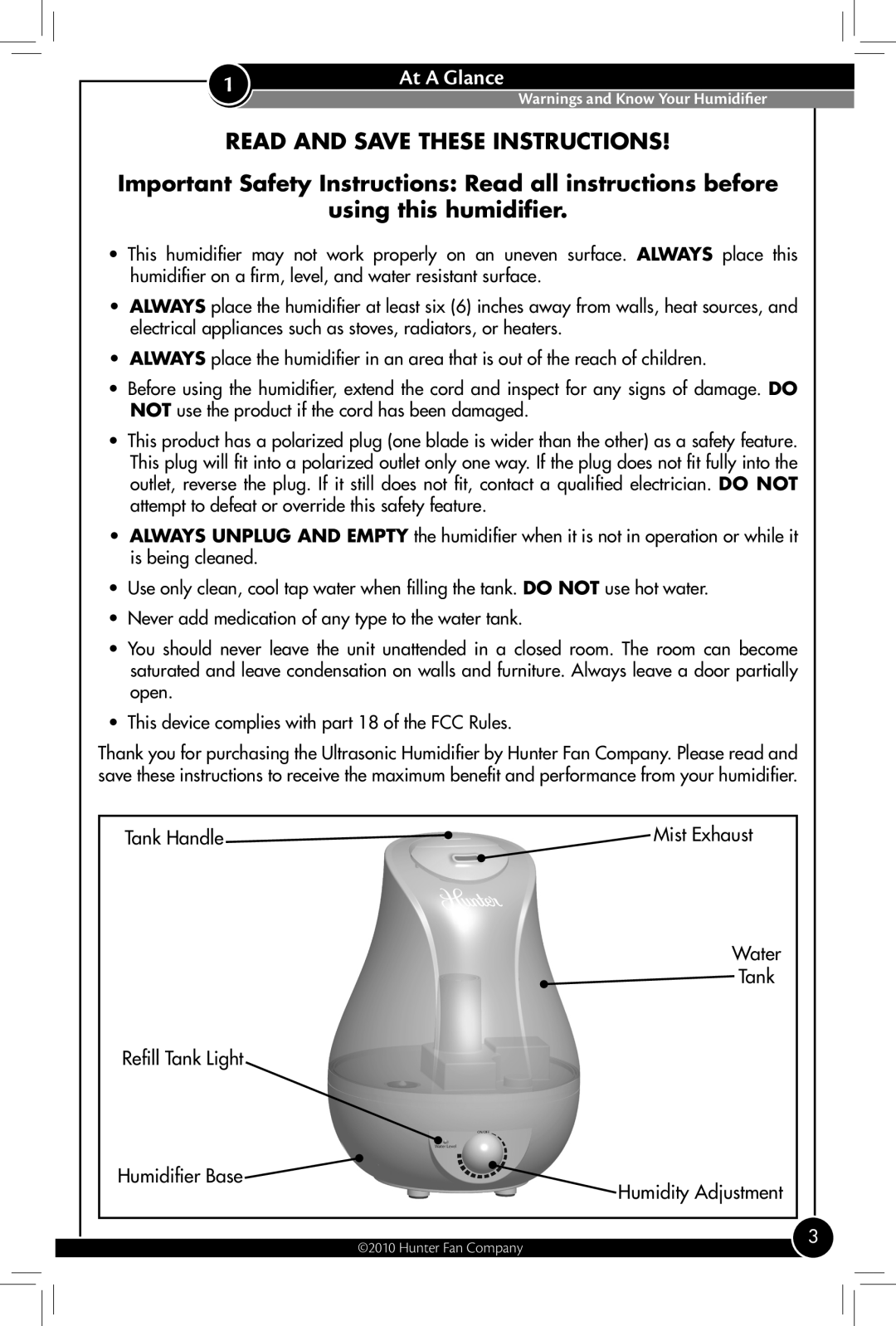 Hunter Fan 31004 At A Glance, Read and Save these instructions, using this humidifier, Tank Handle, Refill Tank Light 