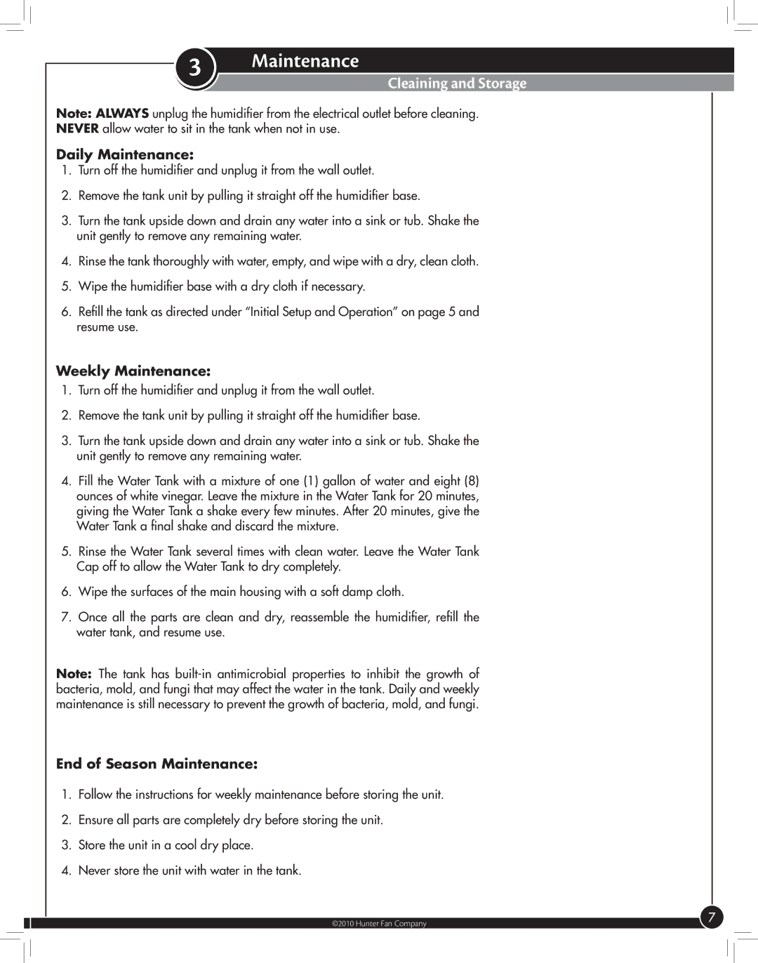 Hunter Fan 31006 manual Cleaining and Storage, Daily Maintenance, Weekly Maintenance, End of Season Maintenance 