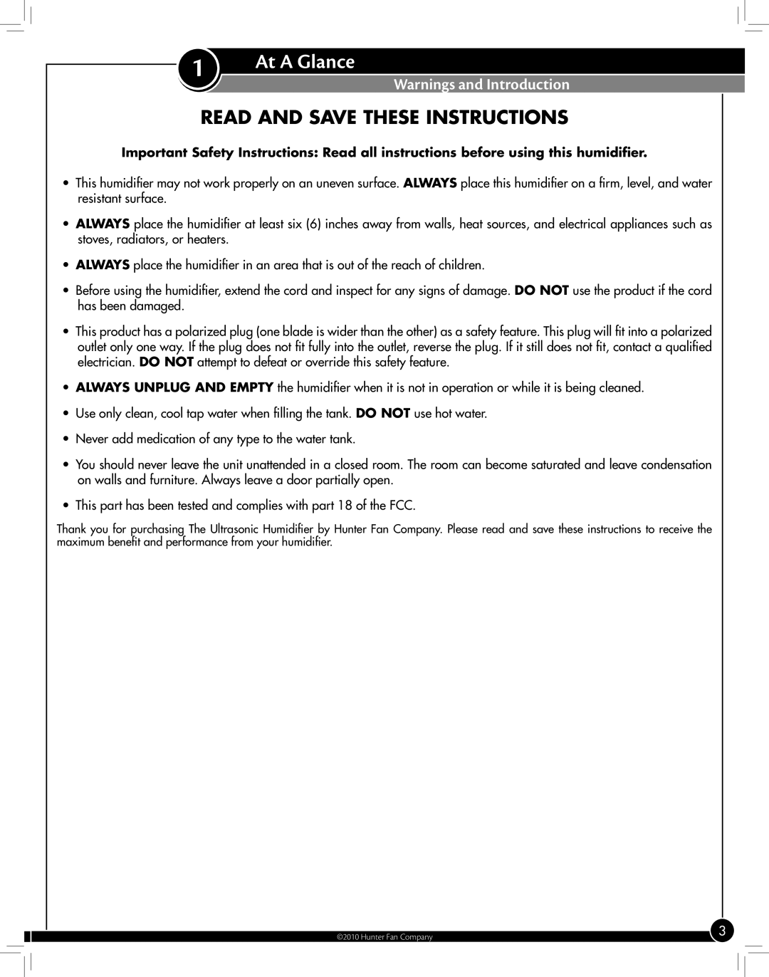 Hunter Fan 31006 manual At A Glance, Read and Save These Instructions, Warnings and Introduction 