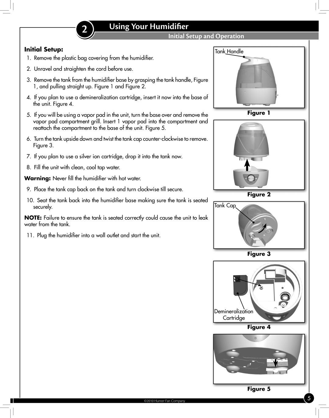 Hunter Fan 31006 manual Using Your Humidifier, Initial Setup and Operation, Figure Figure 