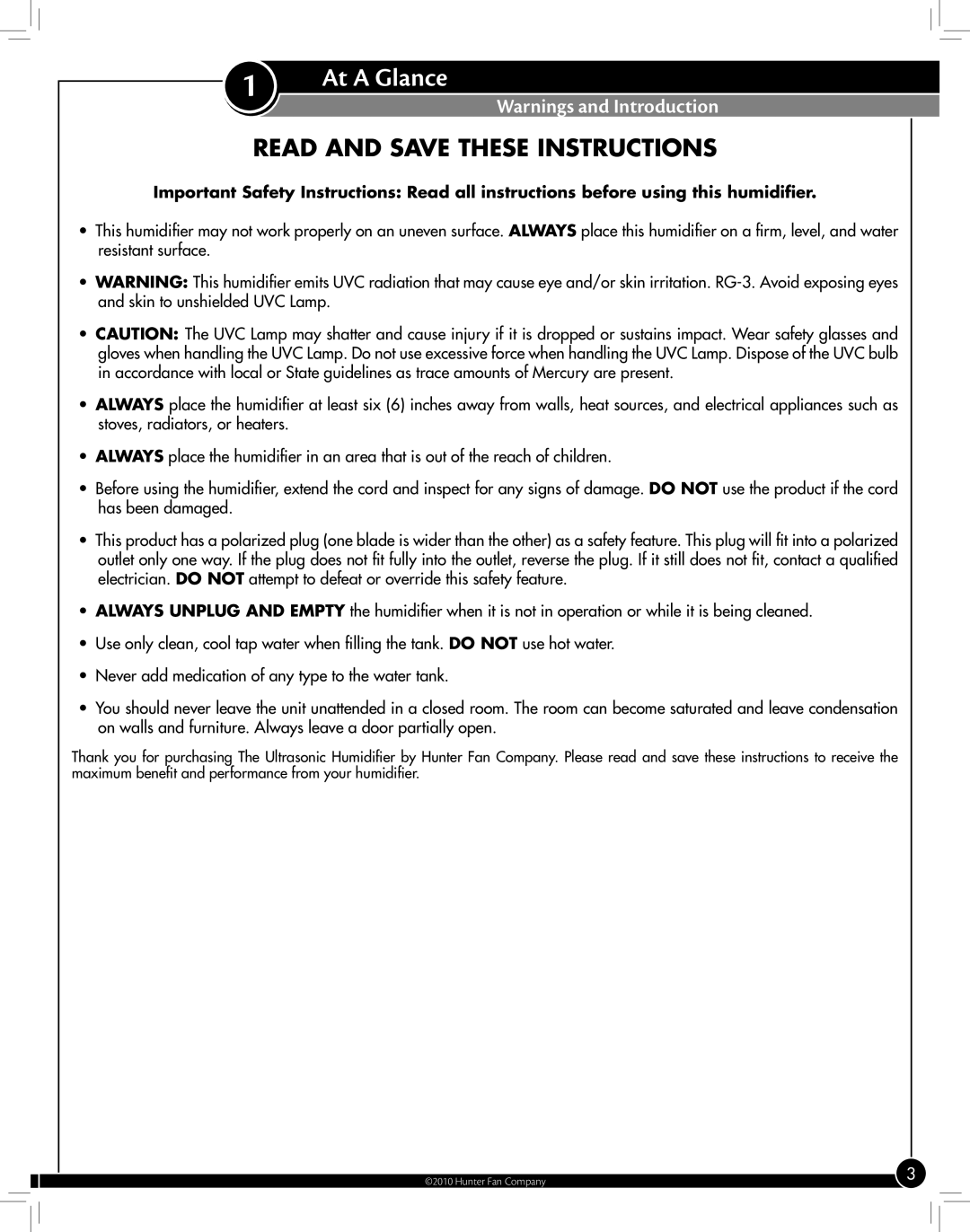 Hunter Fan 31207, 31206 manual At a Glance, Read and Save These Instructions 