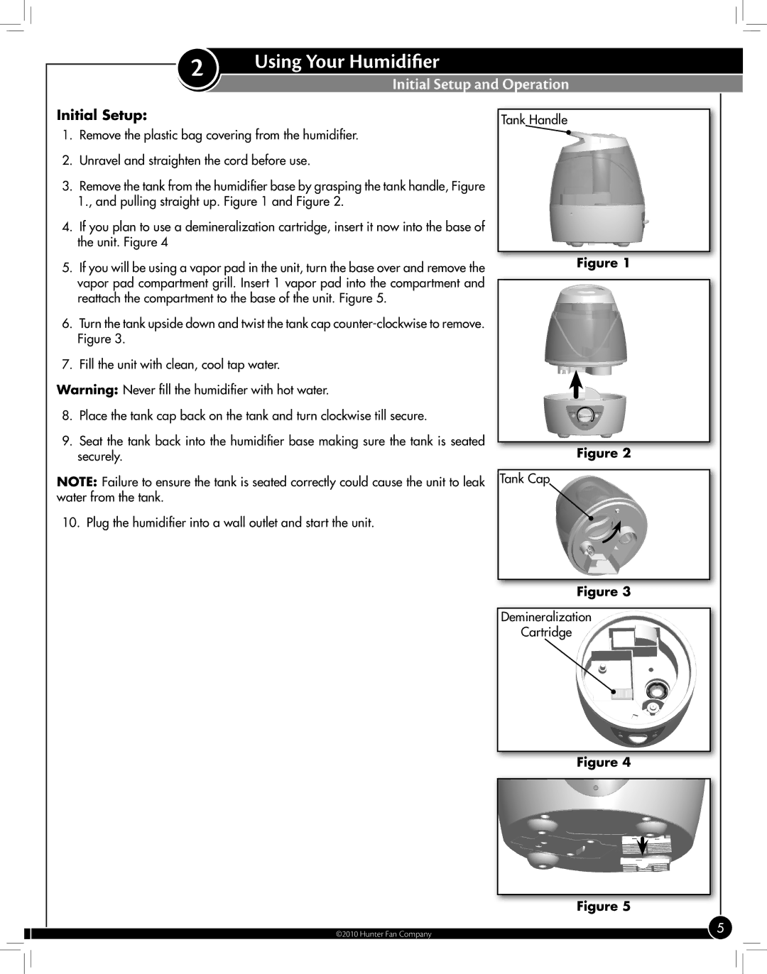 Hunter Fan 31207, 31206 manual Using Your Humidifier, Initial Setup and Operation 