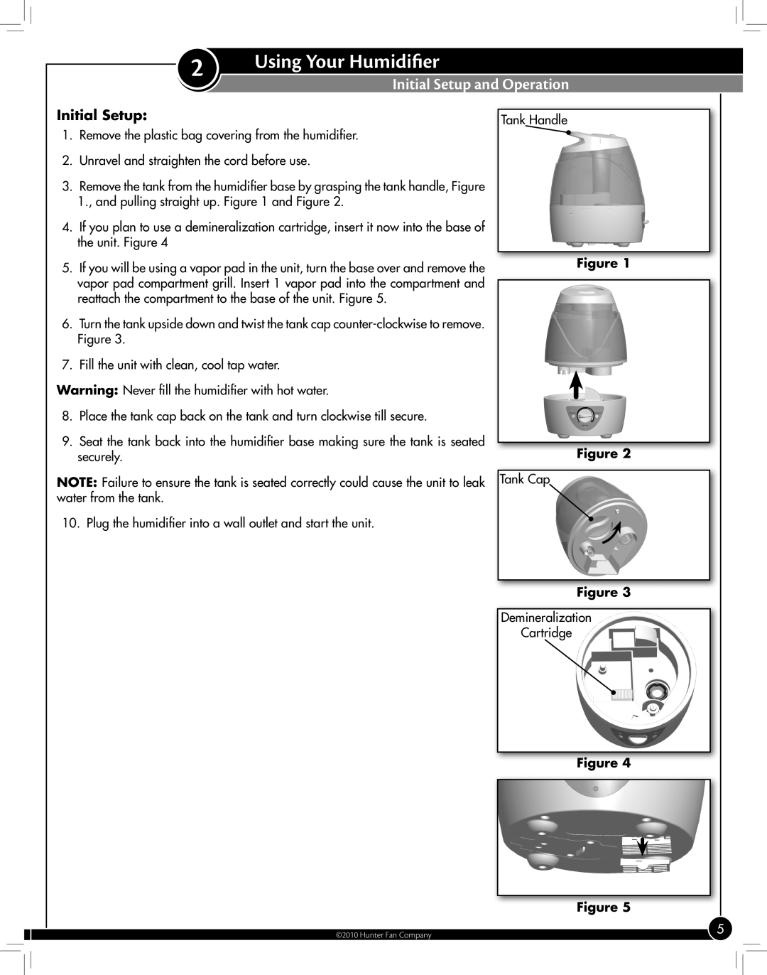 Hunter Fan 31207, 31206 manual Using Your Humidifier, Initial Setup and Operation, Figure Figure 