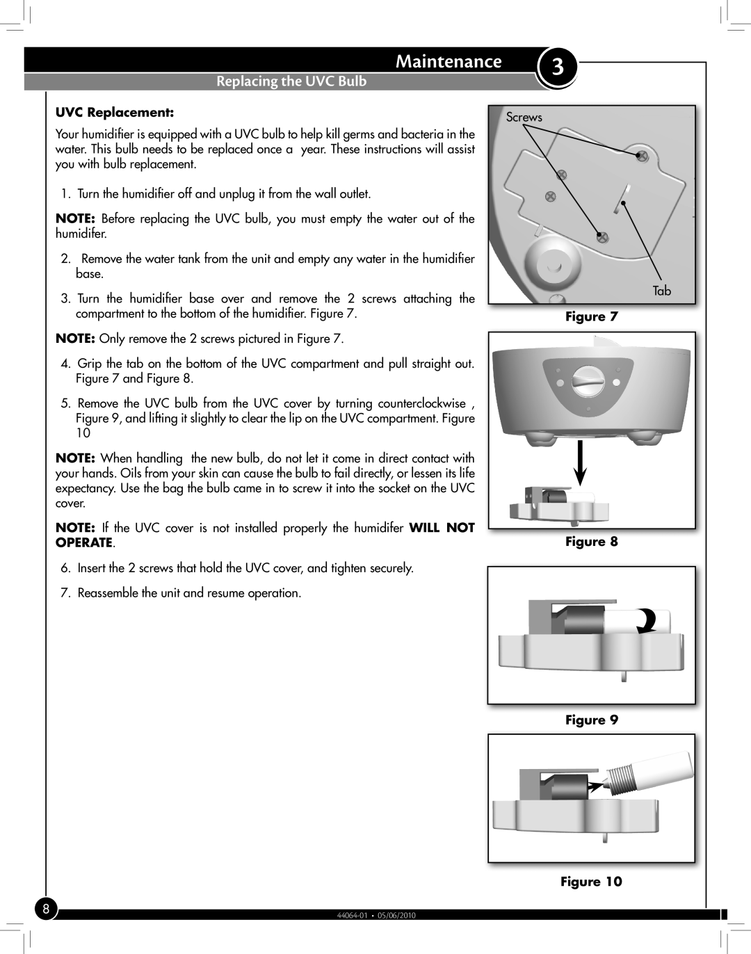 Hunter Fan 31206, 31207 manual Maintenance, UVC Replacement, Replacing the UVC Bulb, Figure Figure 
