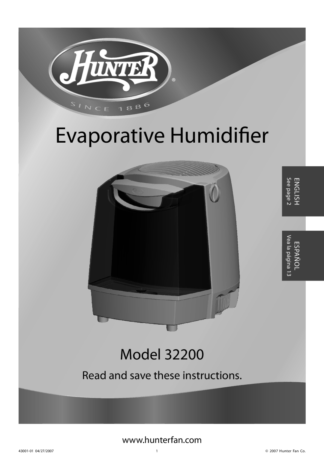 Hunter Fan 32200 manual Evaporative Humidifier 