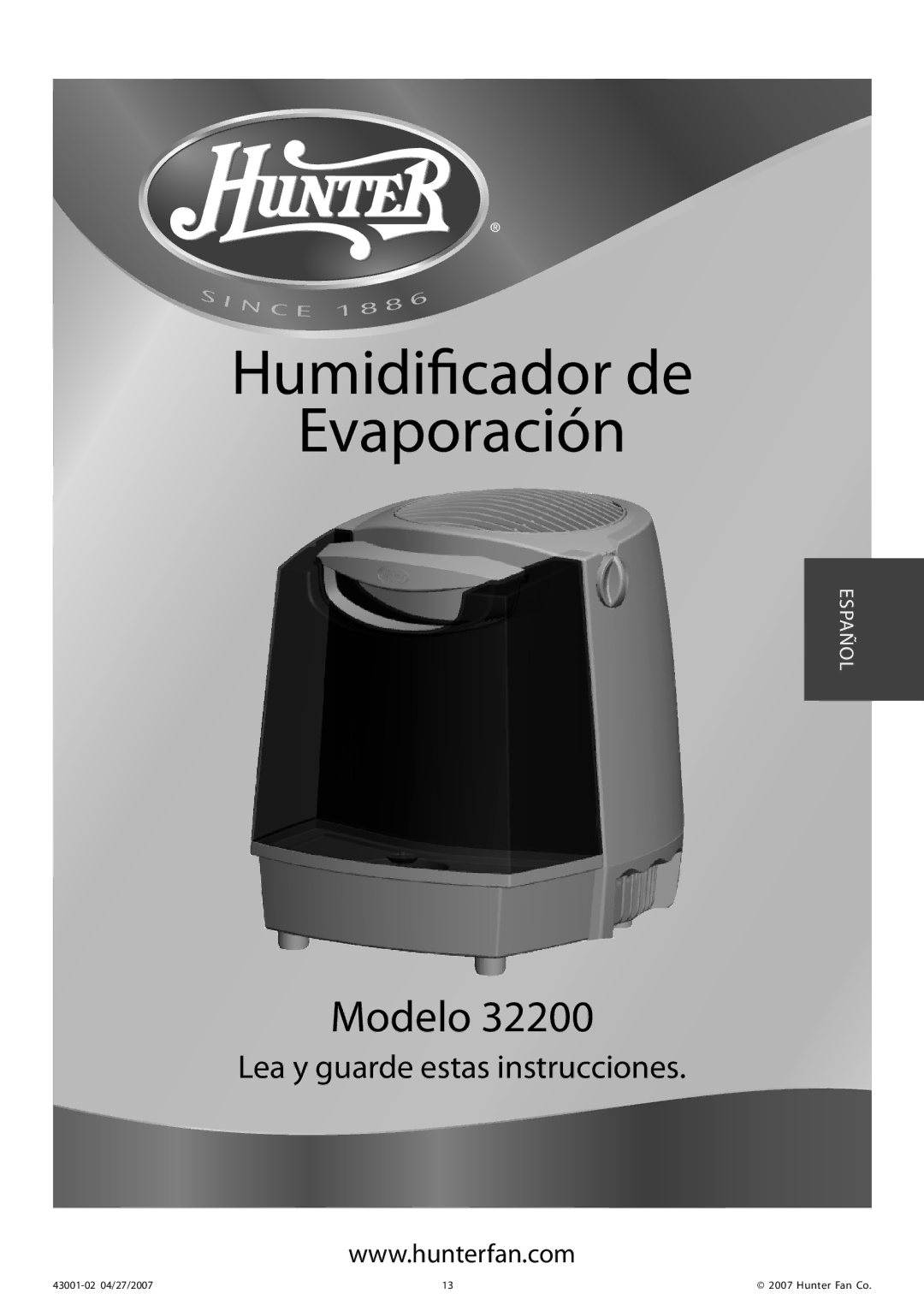 Hunter Fan 32200 manual Humidificador de Evaporación 