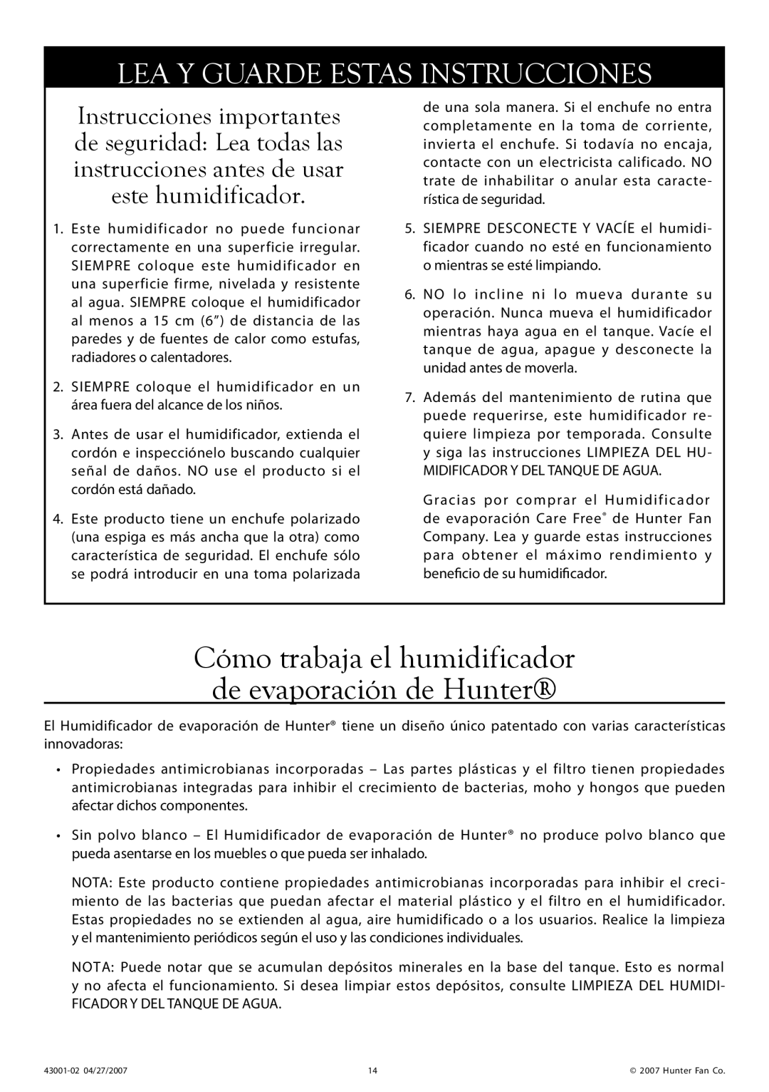 Hunter Fan 32200 manual Cómo trabaja el humidificador de evaporación de Hunter 