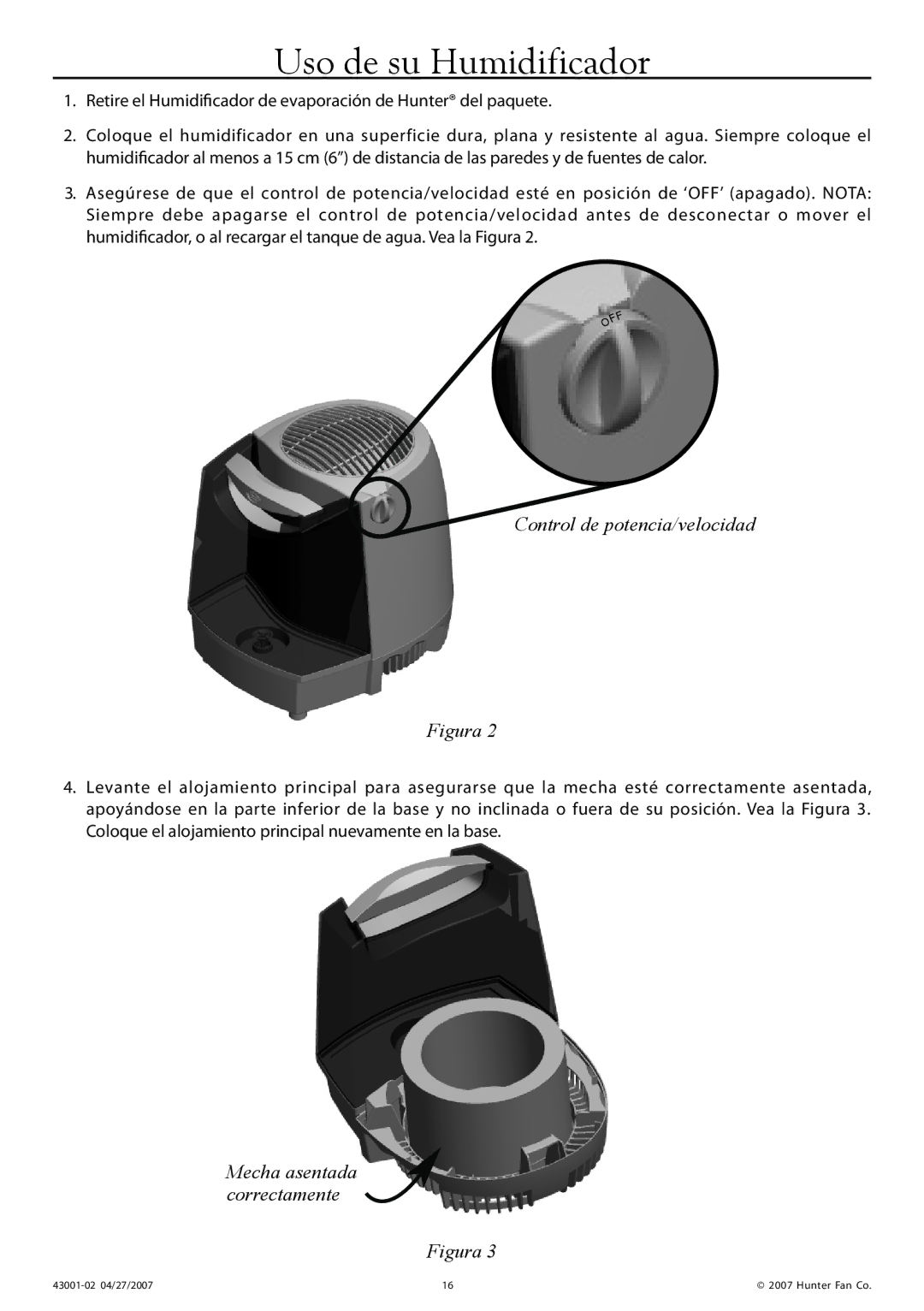 Hunter Fan 32200 manual Uso de su Humidificador, Mecha asentada correctamente 